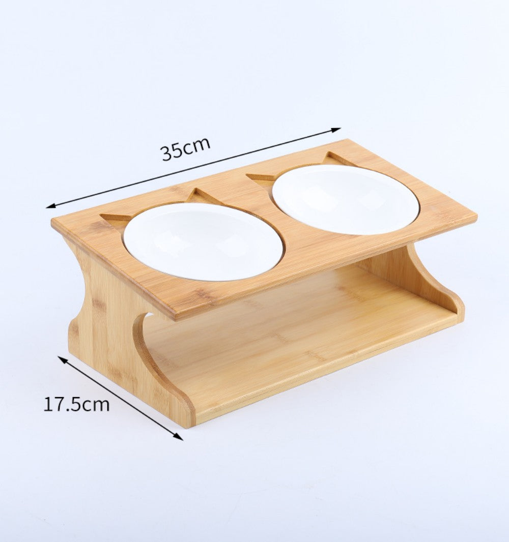 Fairela Pet Bamboo & Wood Double Ceramic Elevated Dog & Cat Bowl, Medium: 4-cup