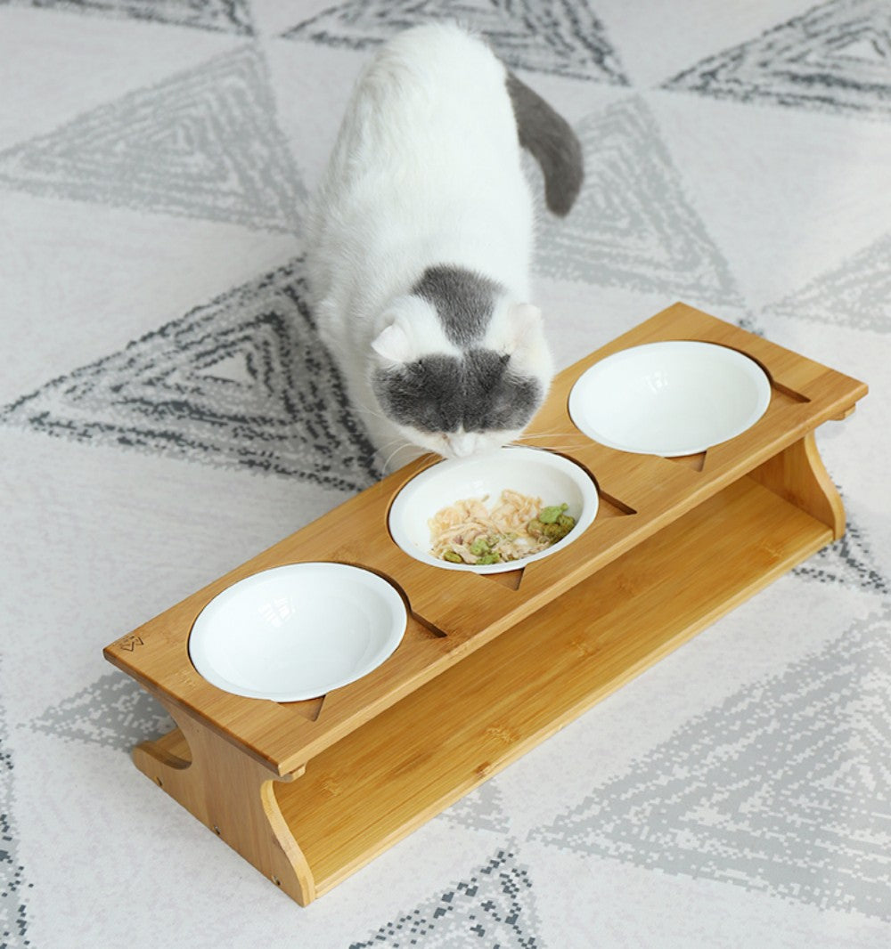 Fairela Pet Bamboo & Wood Triple Ceramic Elevated Dog & Cat Bowl, Medium: 4-cup