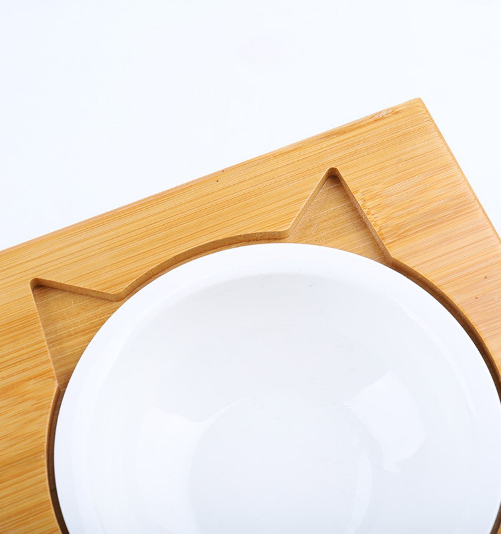 Fairela Pet Bamboo & Wood Double Ceramic Elevated Dog & Cat Bowl, Medium: 4-cup