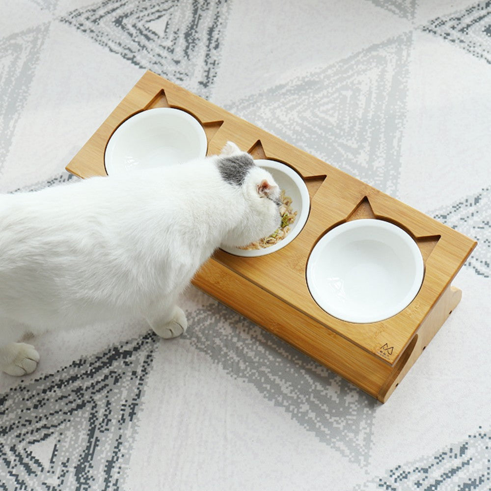 Fairela Pet Bamboo & Wood Triple Ceramic Elevated Dog & Cat Bowl, Medium: 4-cup