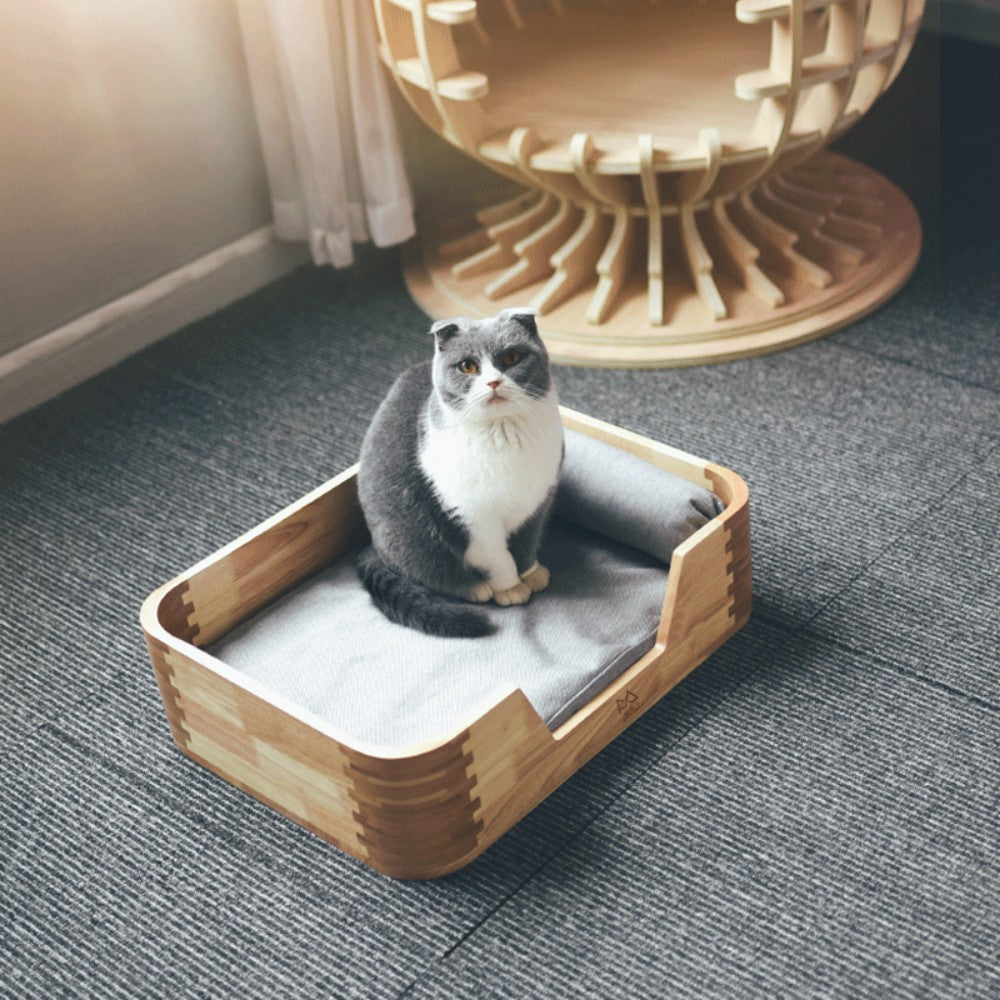 Fairela Pet Solid Wood Furniture Style Sofa Dog & Cat Bed with Removable Cover & Linen Cushion, Natural/Beige, Medium