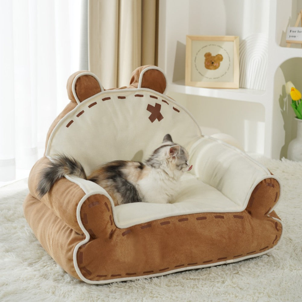 Fairela Pet Little Bear Fabric Furniture Style Sofa Dog & Cat Bed with Removable Cover, Brown/White, Medium