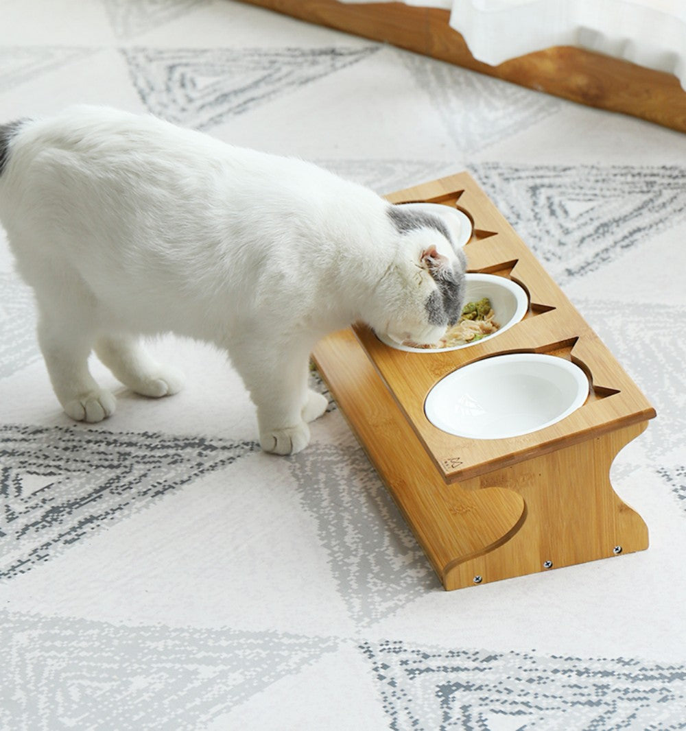 Fairela Pet Bamboo & Wood Triple Ceramic Elevated Dog & Cat Bowl, Medium: 4-cup