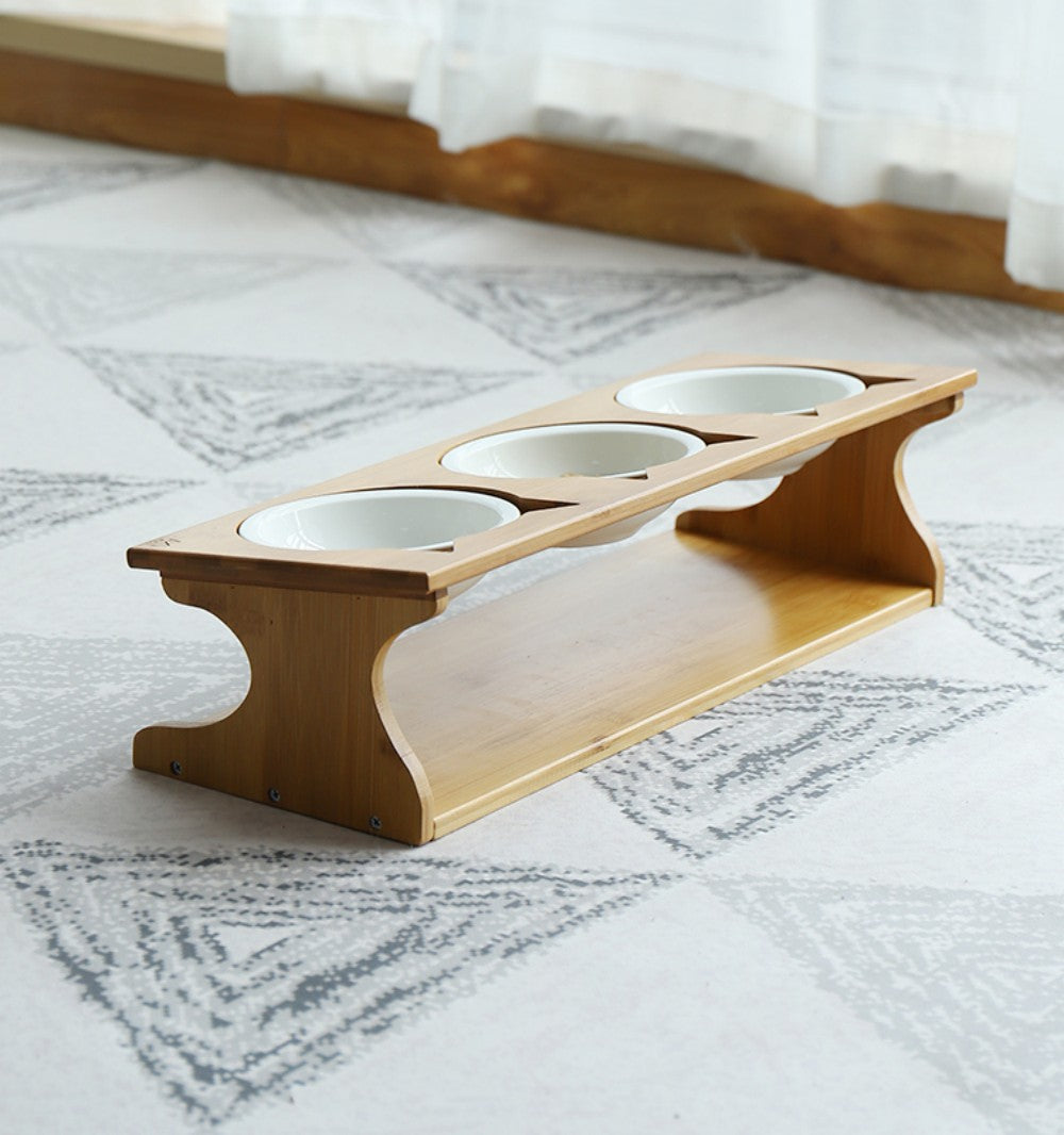 Fairela Pet Bamboo & Wood Triple Ceramic Elevated Dog & Cat Bowl, Medium: 4-cup