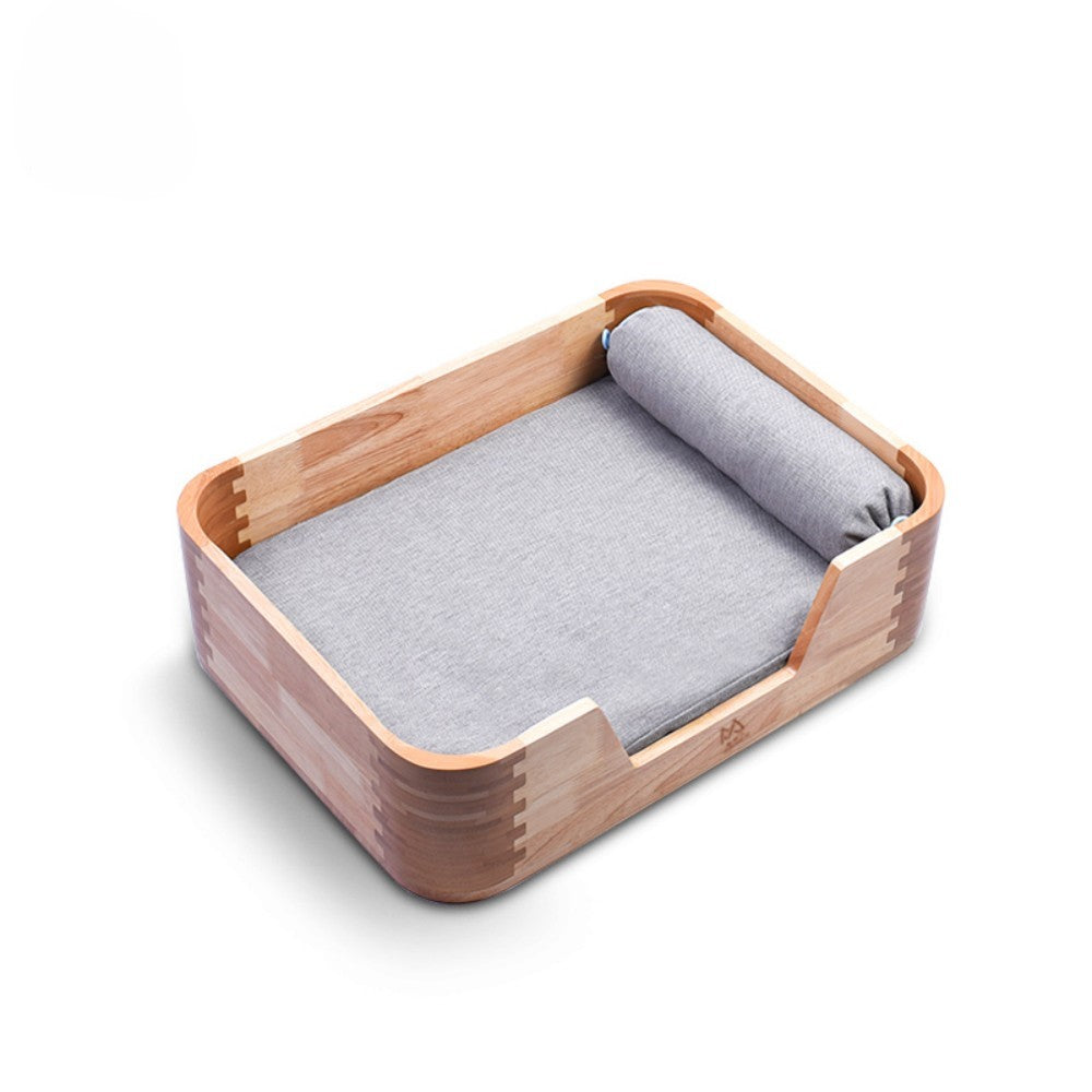 Fairela Pet Solid Wood Furniture Style Sofa Dog & Cat Bed with Removable Cover & Linen Cushion, Natural/Beige, Medium