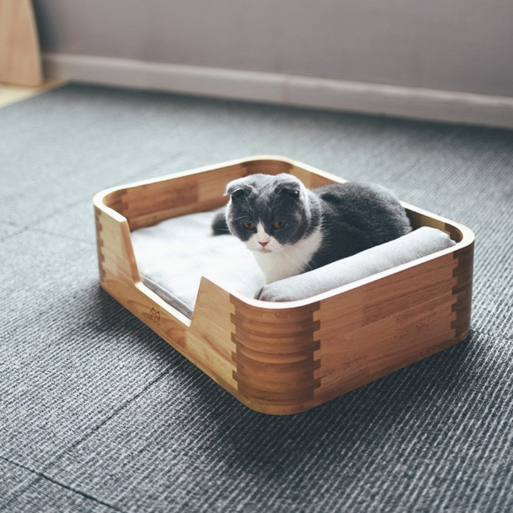 Fairela Pet Solid Wood Furniture Style Sofa Dog & Cat Bed with Removable Cover & Linen Cushion, Natural/Beige, Medium