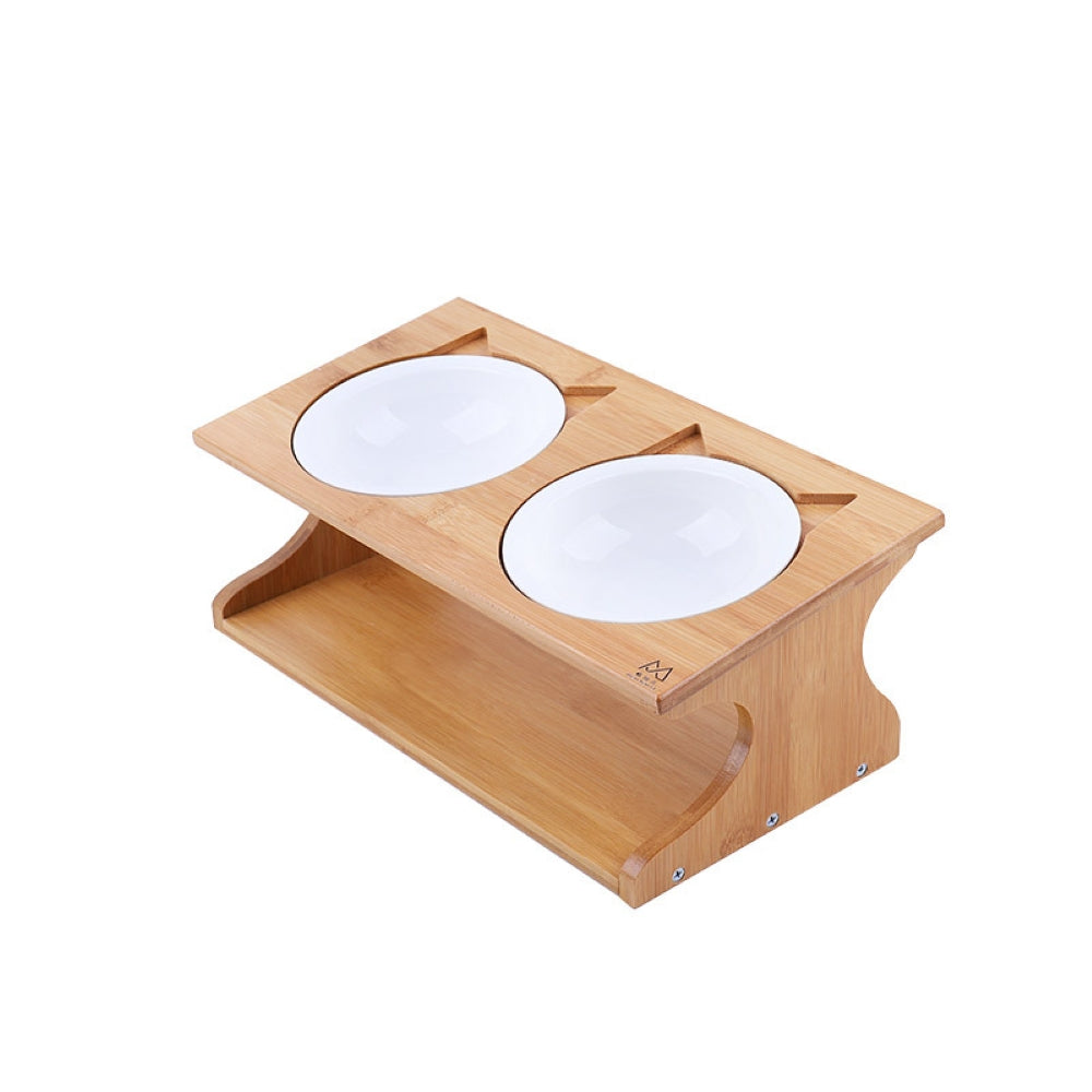 Fairela Pet Bamboo & Wood Double Ceramic Elevated Dog & Cat Bowl, Medium: 4-cup