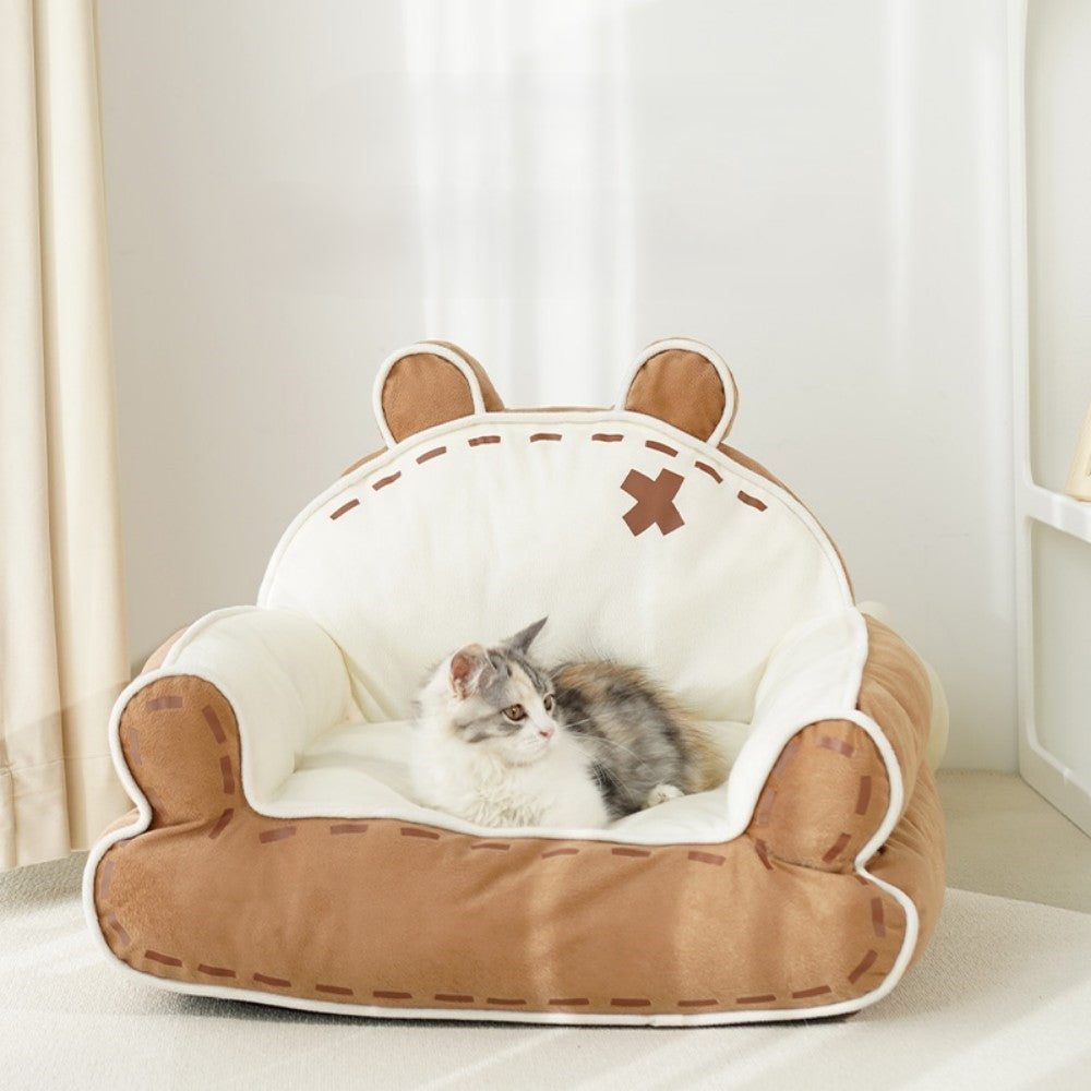 Fairela Pet Little Bear Fabric Furniture Style Sofa Dog & Cat Bed with Removable Cover, Brown/White, Medium