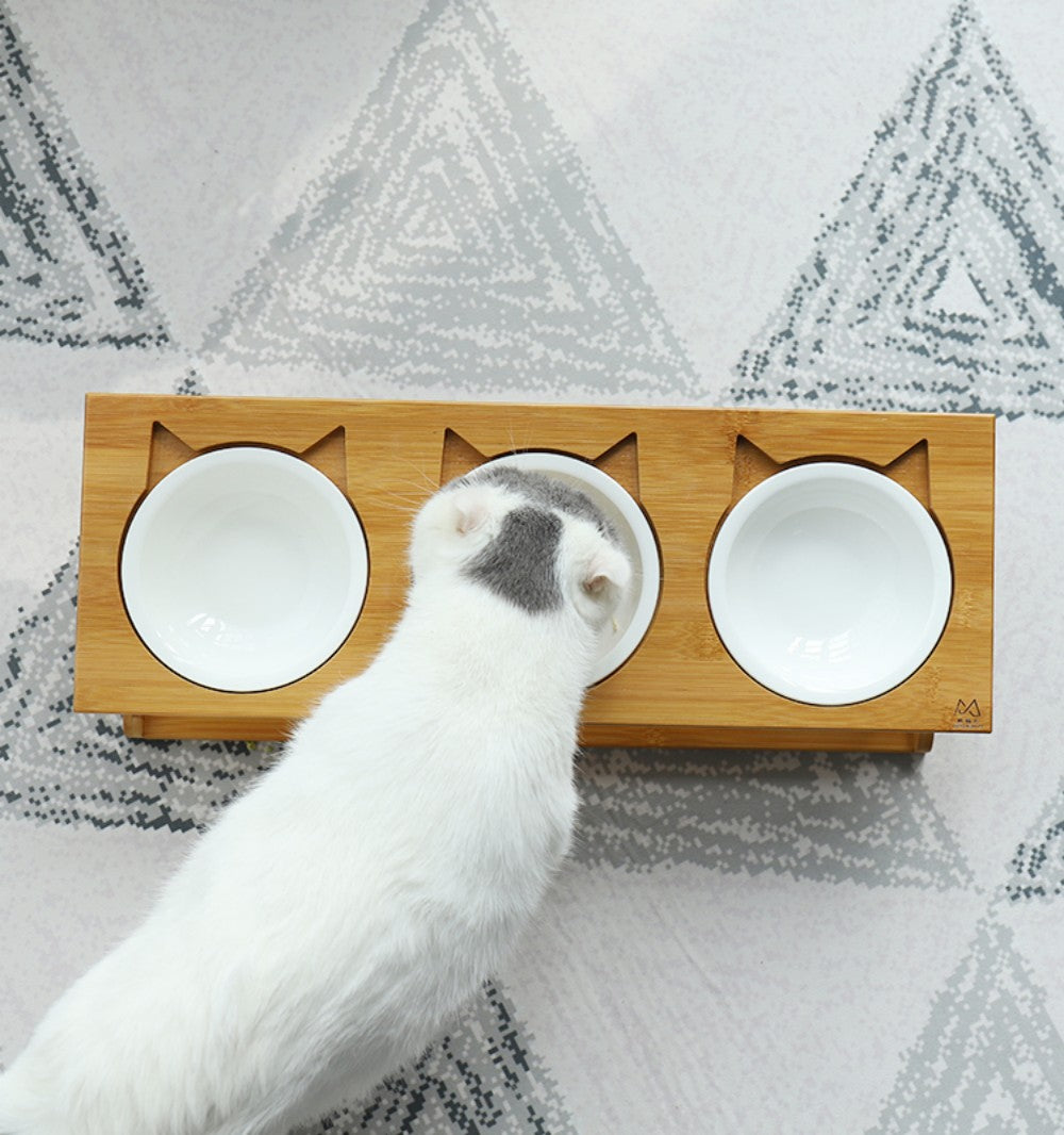 Fairela Pet Bamboo & Wood Triple Ceramic Elevated Dog & Cat Bowl, Medium: 4-cup