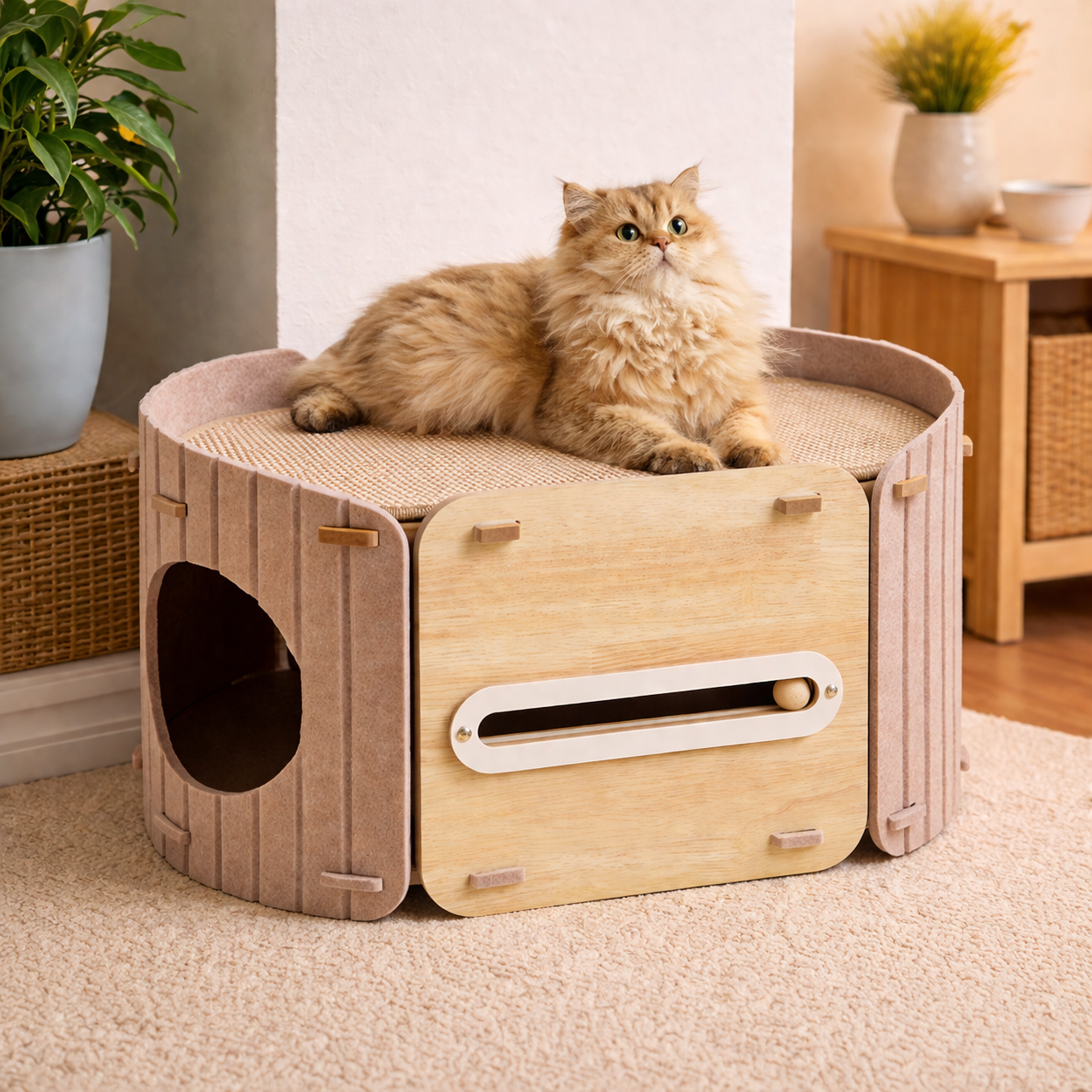 Fairela 2-in-1 Modern Wooden Cat Condo Bed, Enclosed Cat House with Scratching Top Platform, Beige