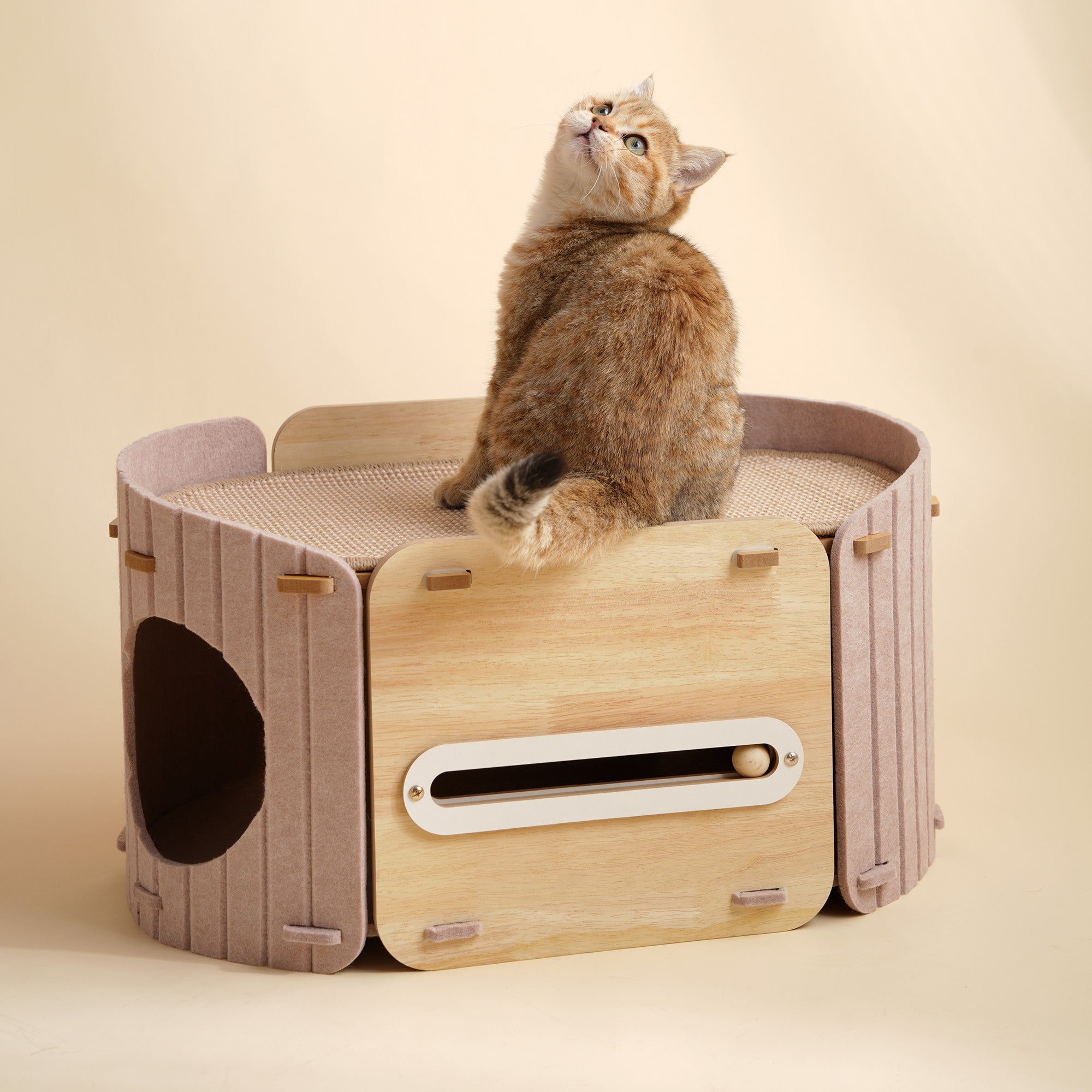 Fairela 2-in-1 Modern Wooden Cat Condo Bed, Enclosed Cat House with Scratching Top Platform, Beige