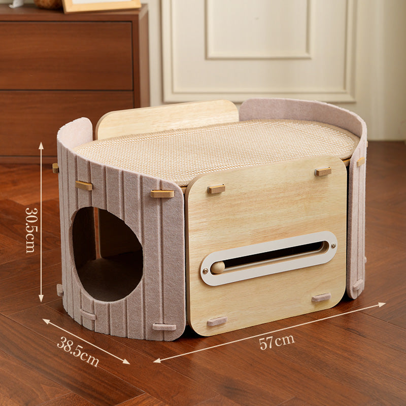 Fairela 2-in-1 Modern Wooden Cat Condo Bed, Enclosed Cat House with Scratching Top Platform, Beige
