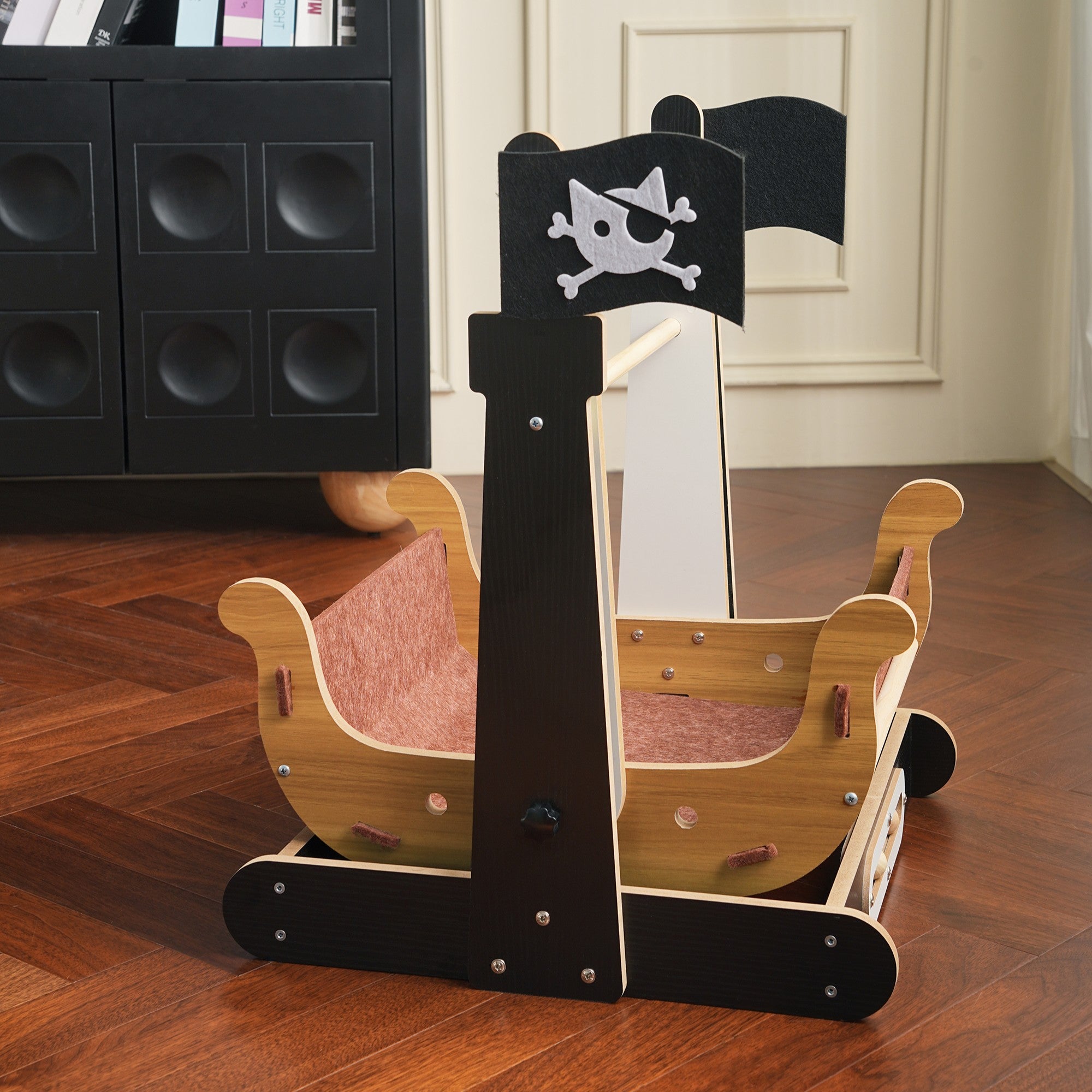 Fairela Pirate Ship Rocking Cat Bed, 22-inch 2-in-1 Wooden Cat Cradle with Gentle Rocking Motion & Scratcher