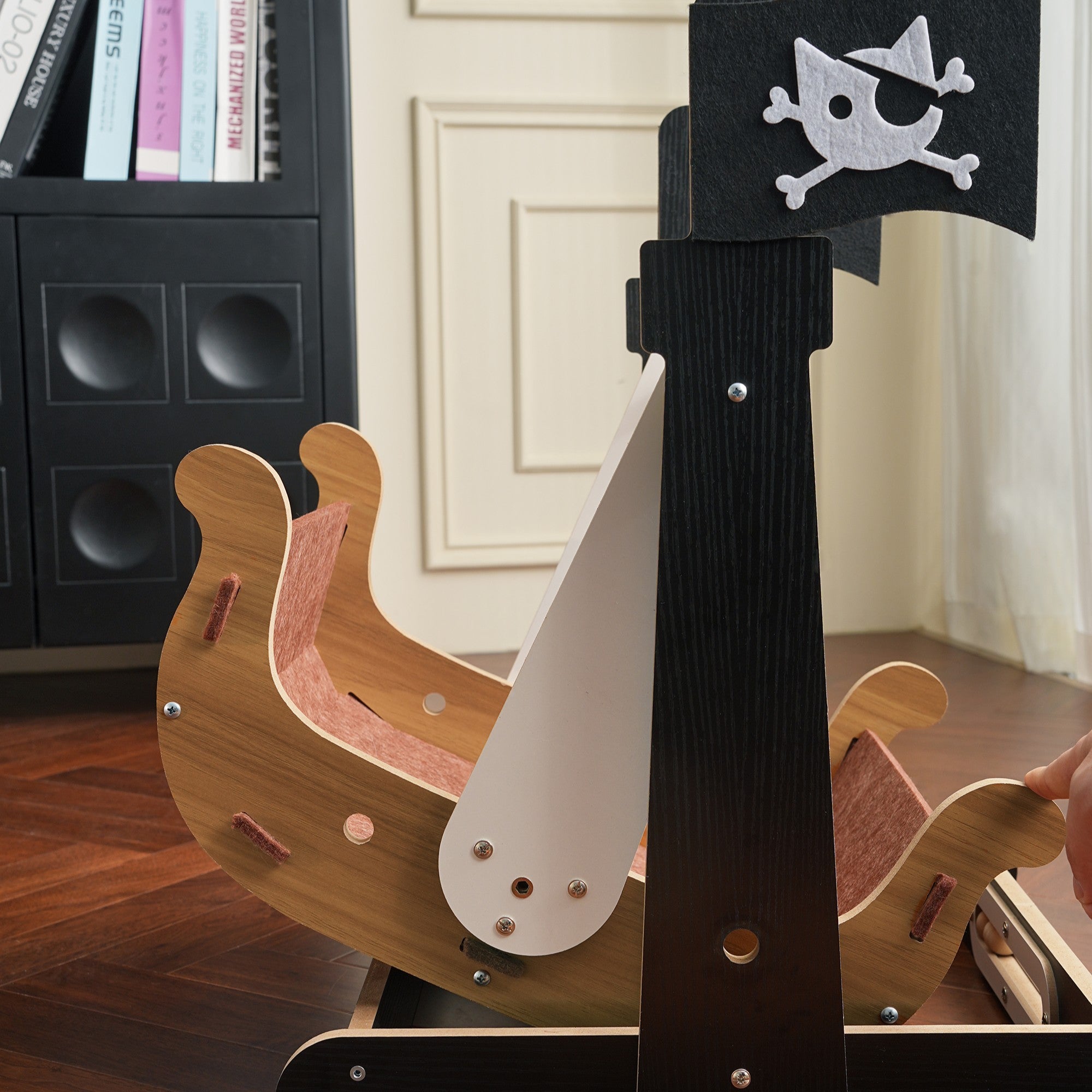 Fairela Pirate Ship Rocking Cat Bed, 22-inch 2-in-1 Wooden Cat Cradle with Gentle Rocking Motion & Scratcher