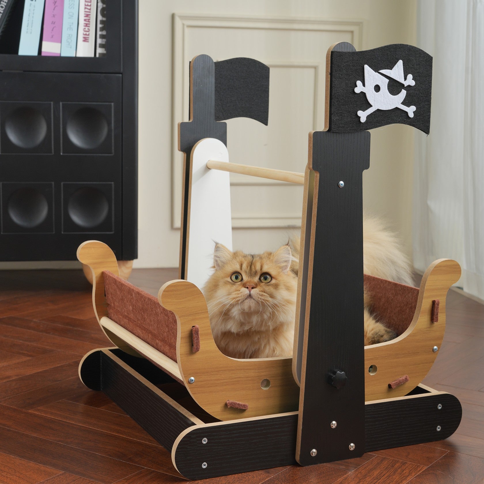 Fairela Pirate Ship Rocking Cat Bed, 22-inch 2-in-1 Wooden Cat Cradle with Gentle Rocking Motion & Scratcher