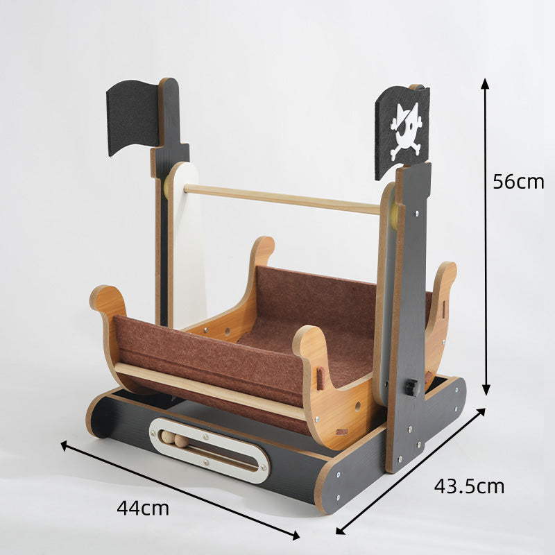 Fairela Pirate Ship Rocking Cat Bed, 22-inch 2-in-1 Wooden Cat Cradle with Gentle Rocking Motion & Scratcher