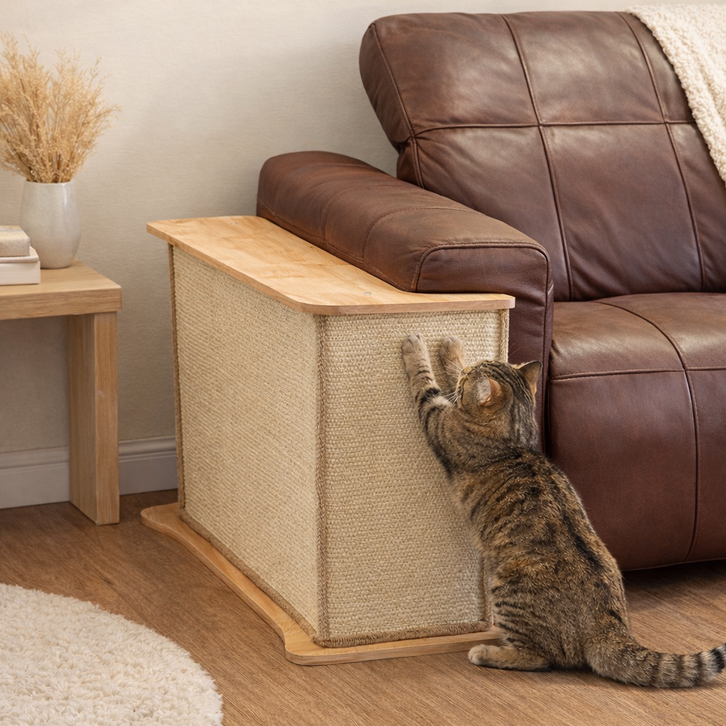 Fairela 2-in-1 L-Shaped Cat Scratcher, 19.5-in Tall Wooden Sisal Cat Scratching Post with Slim Side Table Top, Couch Corner Furniture Protector for Indoor Cats, Natural Beige