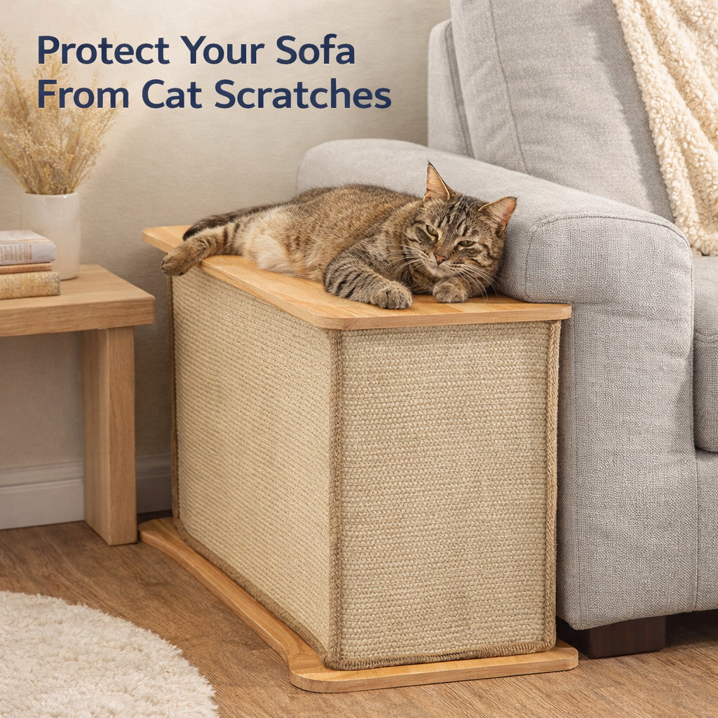 Fairela 2-in-1 L-Shaped Cat Scratcher, 19.5-in Tall Wooden Sisal Cat Scratching Post with Slim Side Table Top, Couch Corner Furniture Protector for Indoor Cats, Natural Beige