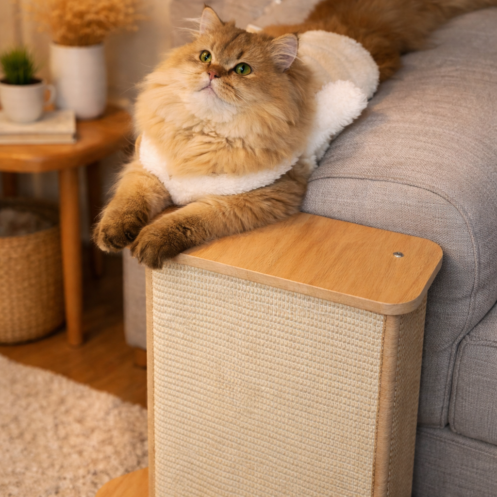 Fairela 2-in-1 L-Shaped Cat Scratcher, 19.5-in Tall Wooden Sisal Cat Scratching Post with Slim Side Table Top, Couch Corner Furniture Protector for Indoor Cats, Natural Beige