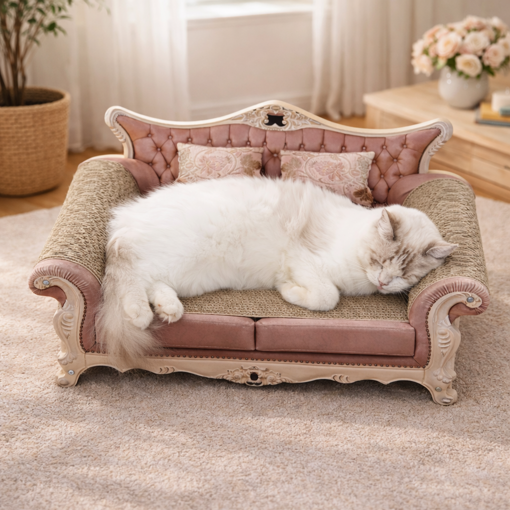 Fairela Victorian Style Cat Scratcher Couch, 12.5" Tall Large Cardboard Cat Scratcher Lounge, Pink Tufted Novelty Cat Furniture