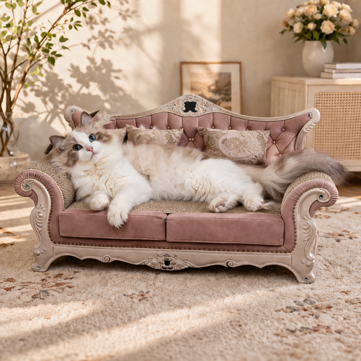 Fairela Victorian Style Cat Scratcher Couch, 12.5" Tall Large Cardboard Cat Scratcher Lounge, Pink Tufted Novelty Cat Furniture