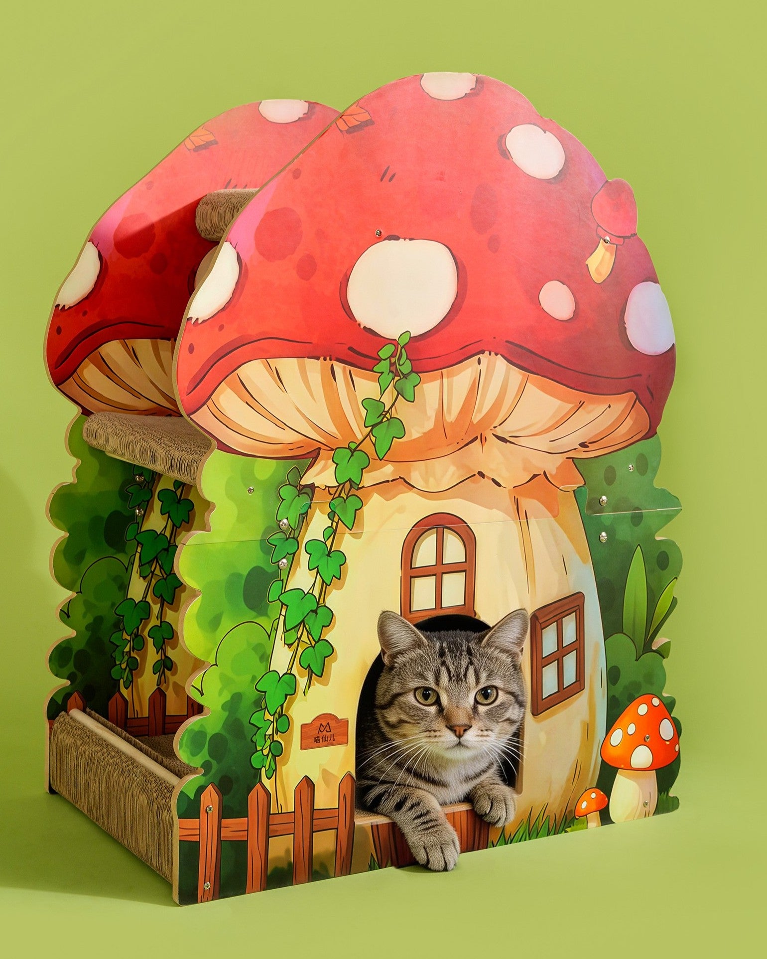 Fairela Alice Mushroom Cat Scratcher House, Multi-Level Cardboard Cat Condo with Scratch Pads, Interactive Cat Hideaway Playhouse for Indoor Cats