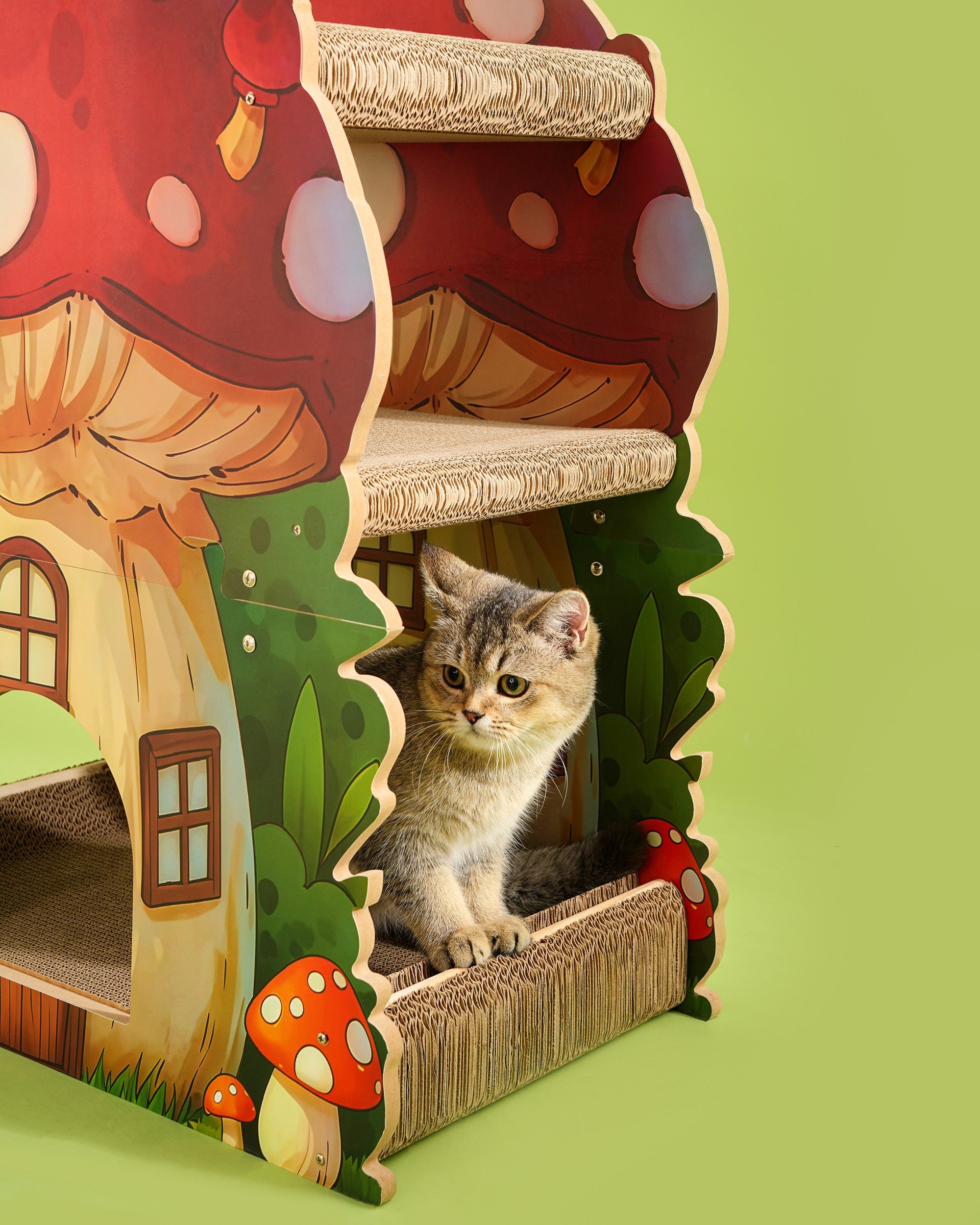 Fairela Alice Mushroom Cat Scratcher House, Multi-Level Cardboard Cat Condo with Scratch Pads, Interactive Cat Hideaway Playhouse for Indoor Cats