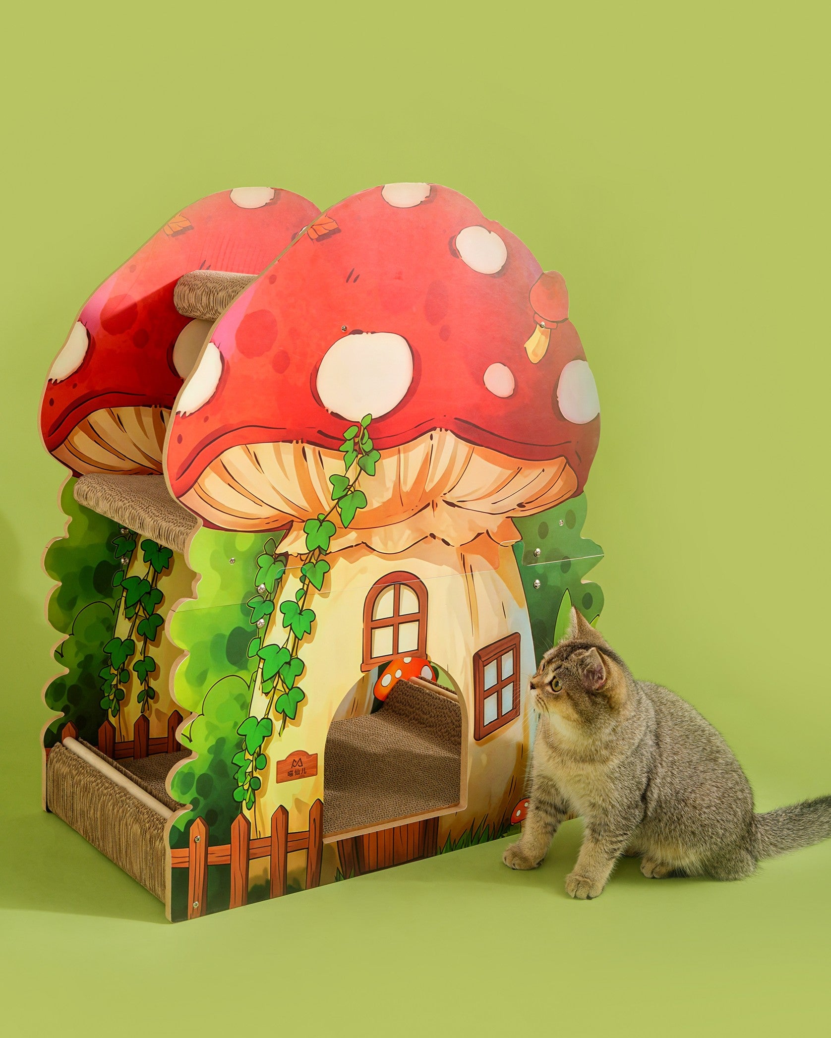 Fairela Alice Mushroom Cat Scratcher House, Multi-Level Cardboard Cat Condo with Scratch Pads, Interactive Cat Hideaway Playhouse for Indoor Cats