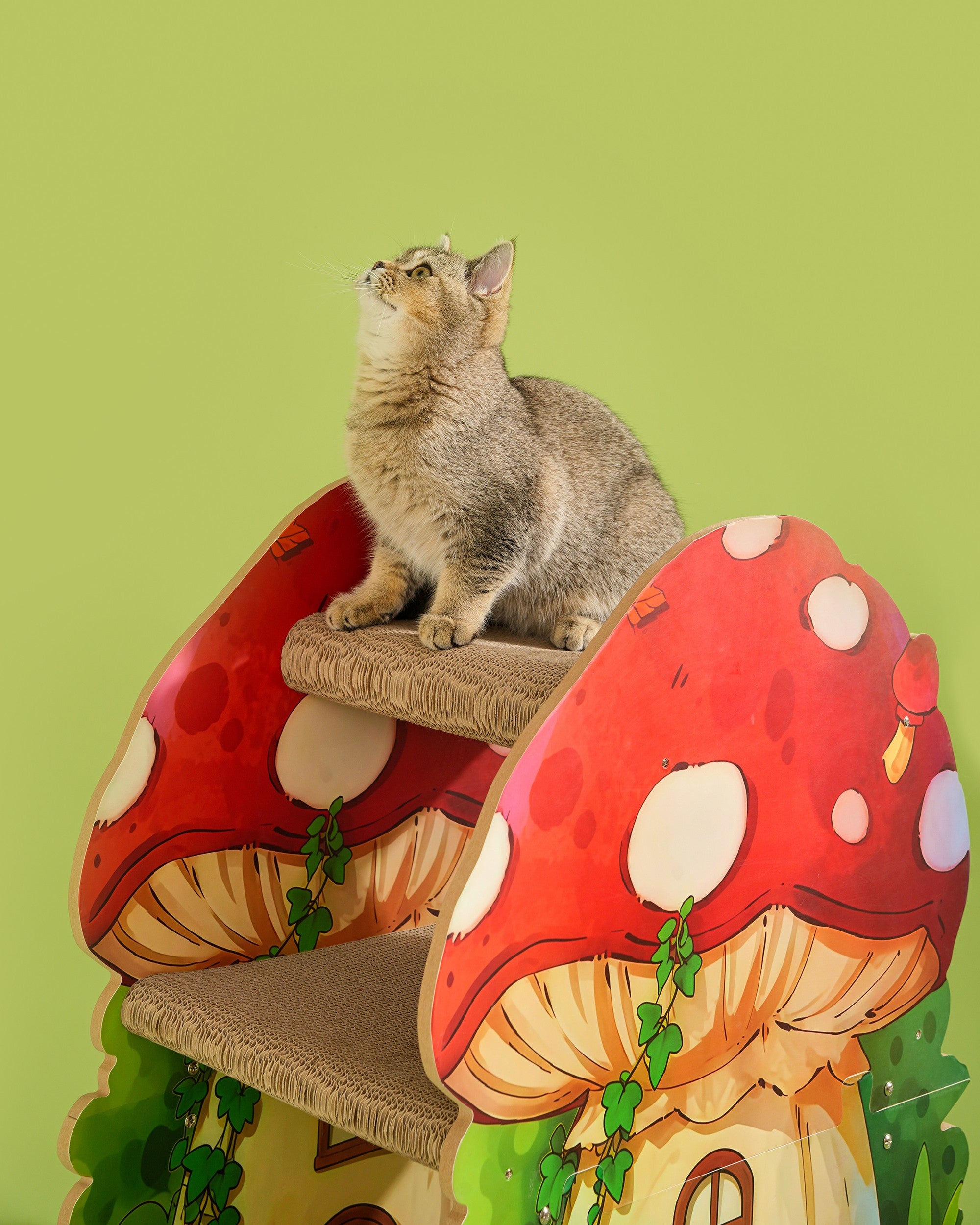 Fairela Alice Mushroom Cat Scratcher House, Multi-Level Cardboard Cat Condo with Scratch Pads, Interactive Cat Hideaway Playhouse for Indoor Cats