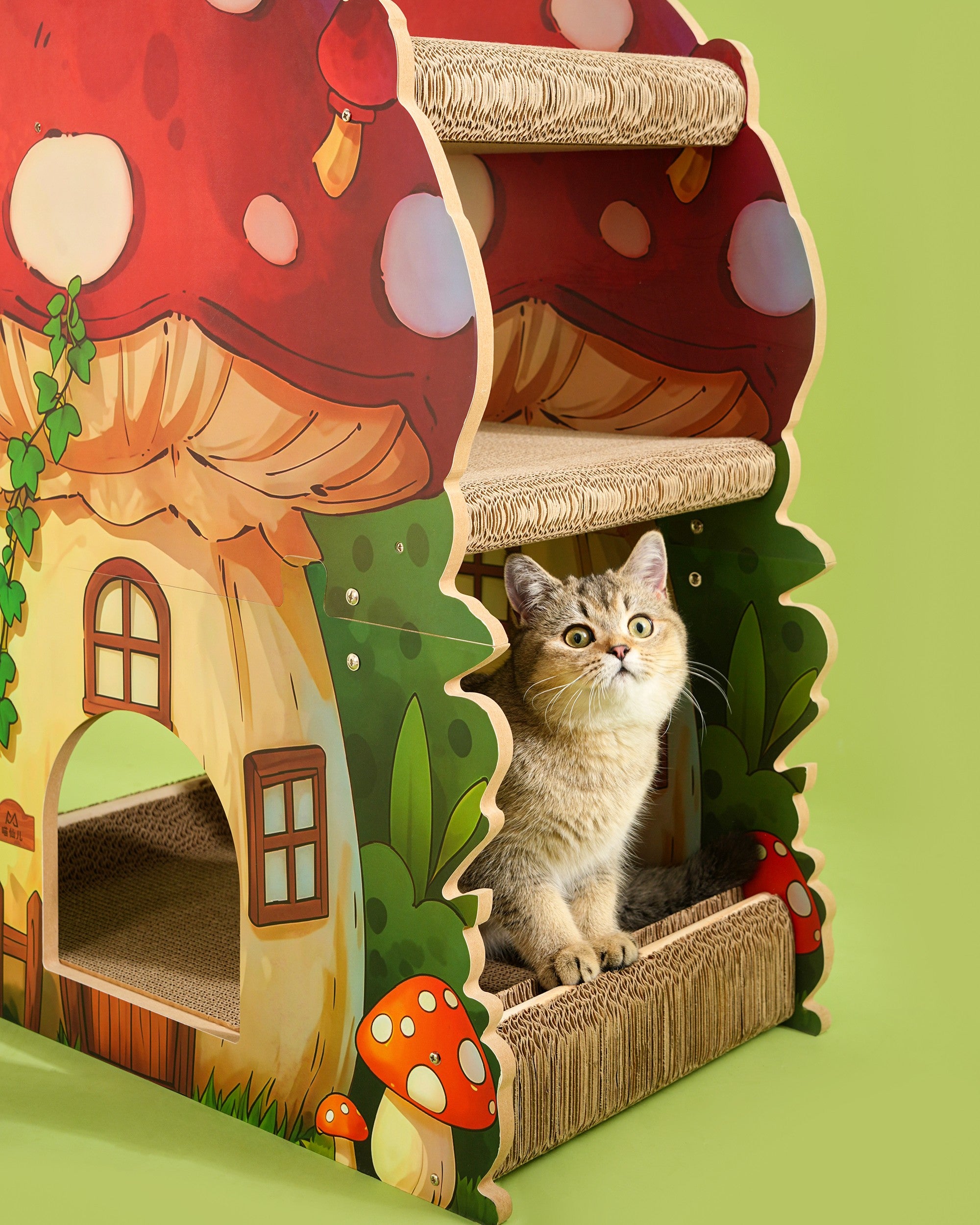 Fairela Alice Mushroom Cat Scratcher House, Multi-Level Cardboard Cat Condo with Scratch Pads, Interactive Cat Hideaway Playhouse for Indoor Cats