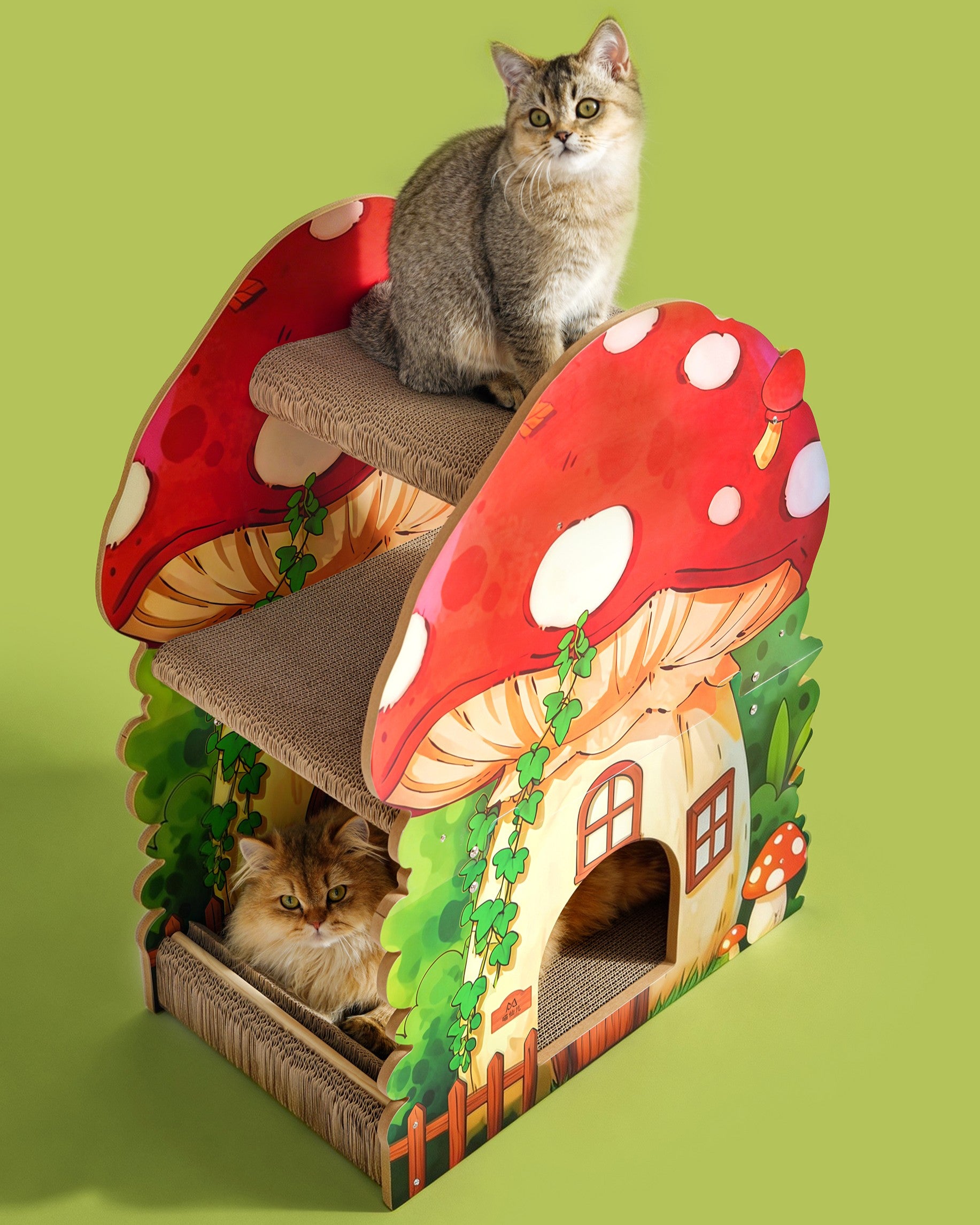 Fairela Alice Mushroom Cat Scratcher House, Multi-Level Cardboard Cat Condo with Scratch Pads, Interactive Cat Hideaway Playhouse for Indoor Cats