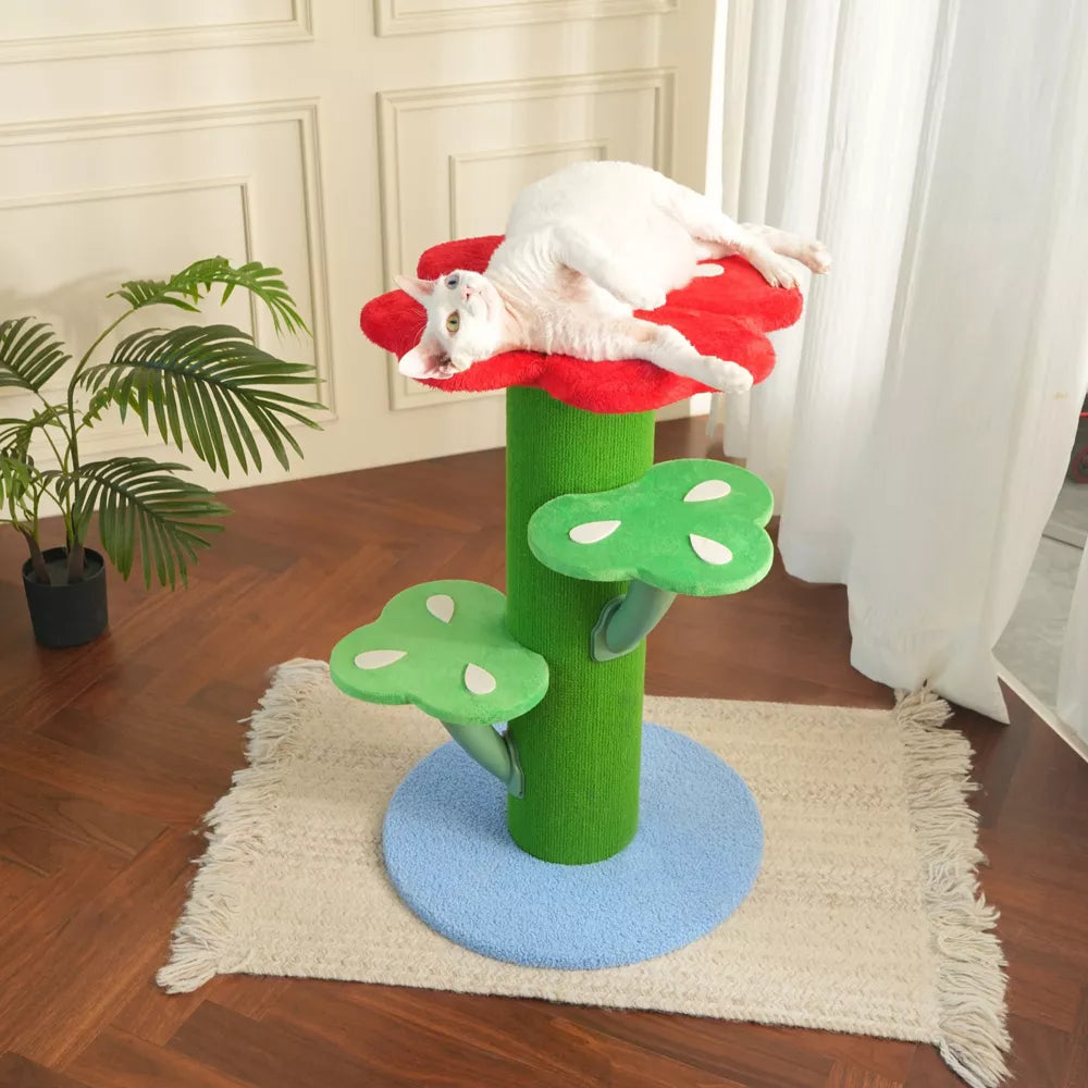 Fairela Flower-Shaped 30-in Fleece Cat Scratching Post with Multi-Level Perches, Red/Green/Blue