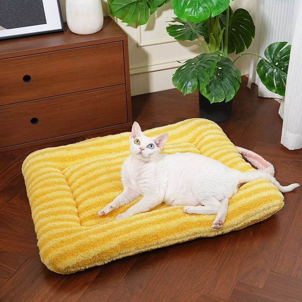Fairela Double Sided Plush Square Cat Bed Mat with Raised Edges Yellow