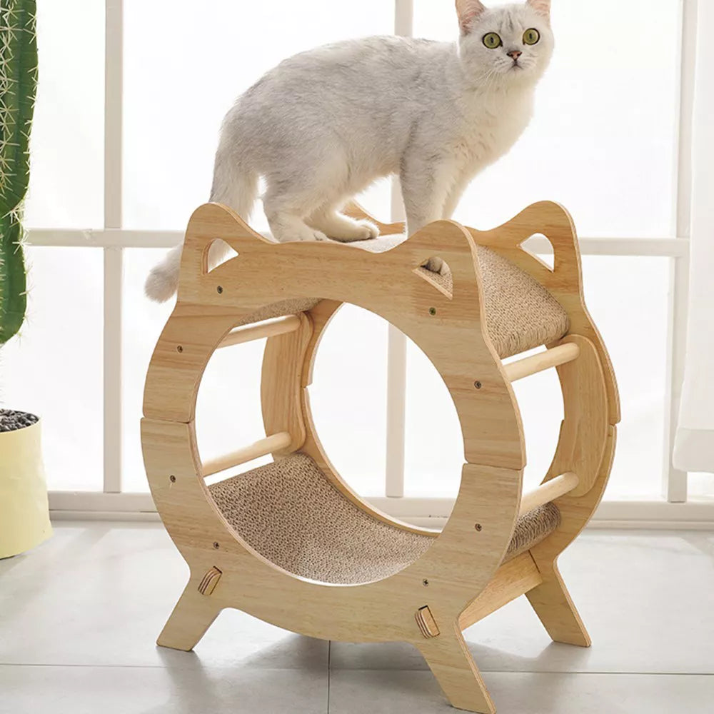 Fairela Round Wooden Cat Scratcher House with Scratch Pads