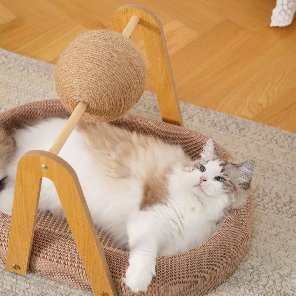 Fairela Modern Wooden Cat Lounge Bed with Hanging Sisal Ball, Beige, Large