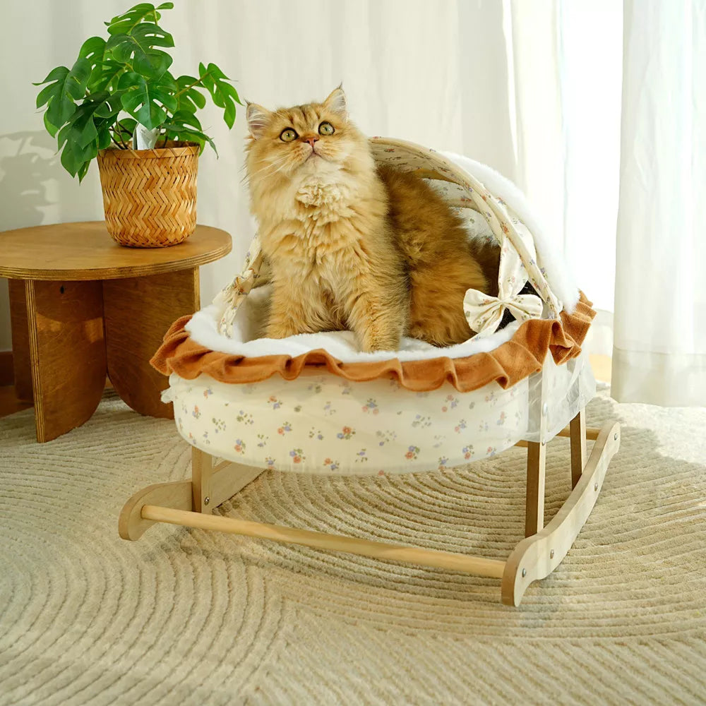 Fairela French-Style Rocking Cat Bed with Wooden Stand & Canopy