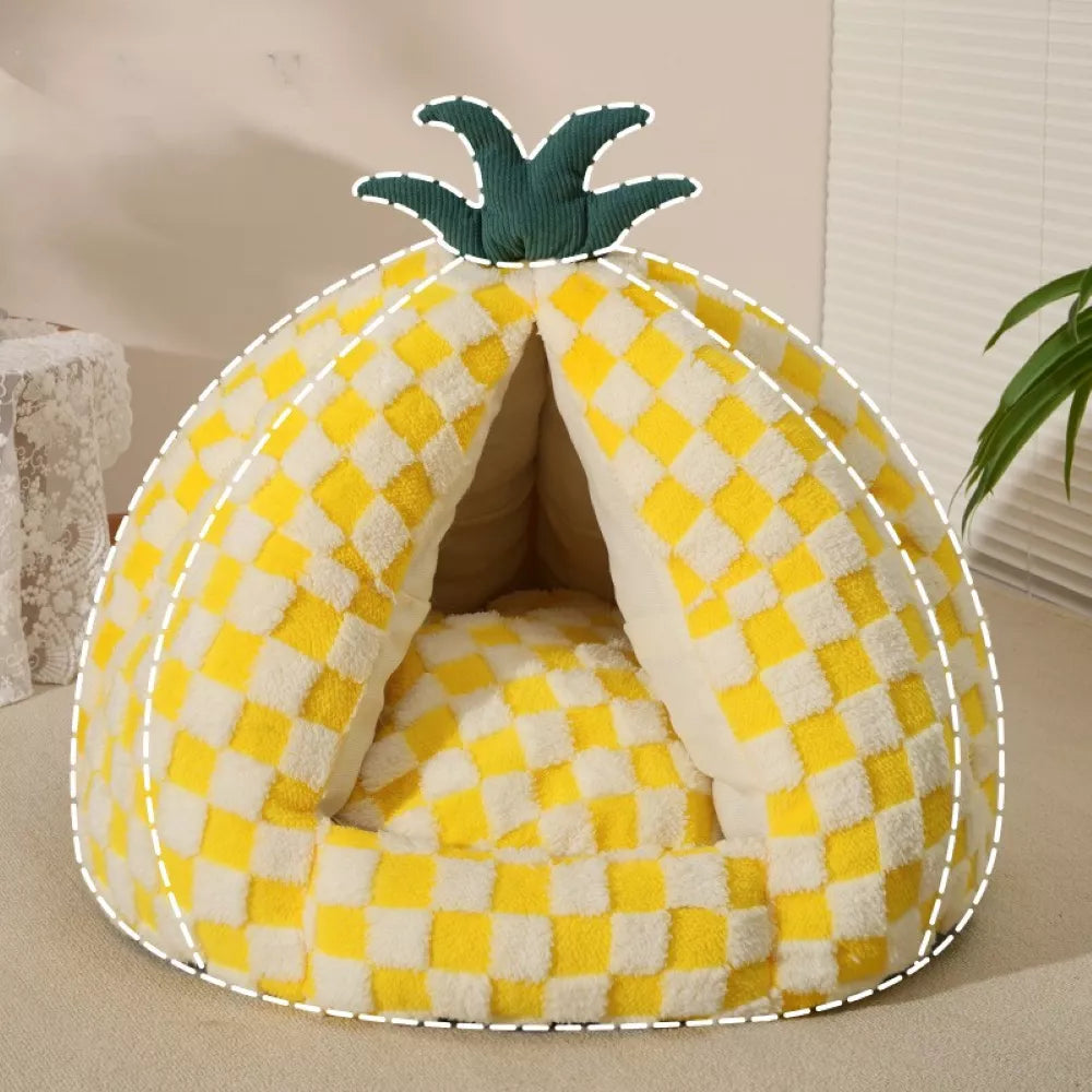 Fairela Pineapple-Shaped Covered Cat Camping Bed with Plush Cushion