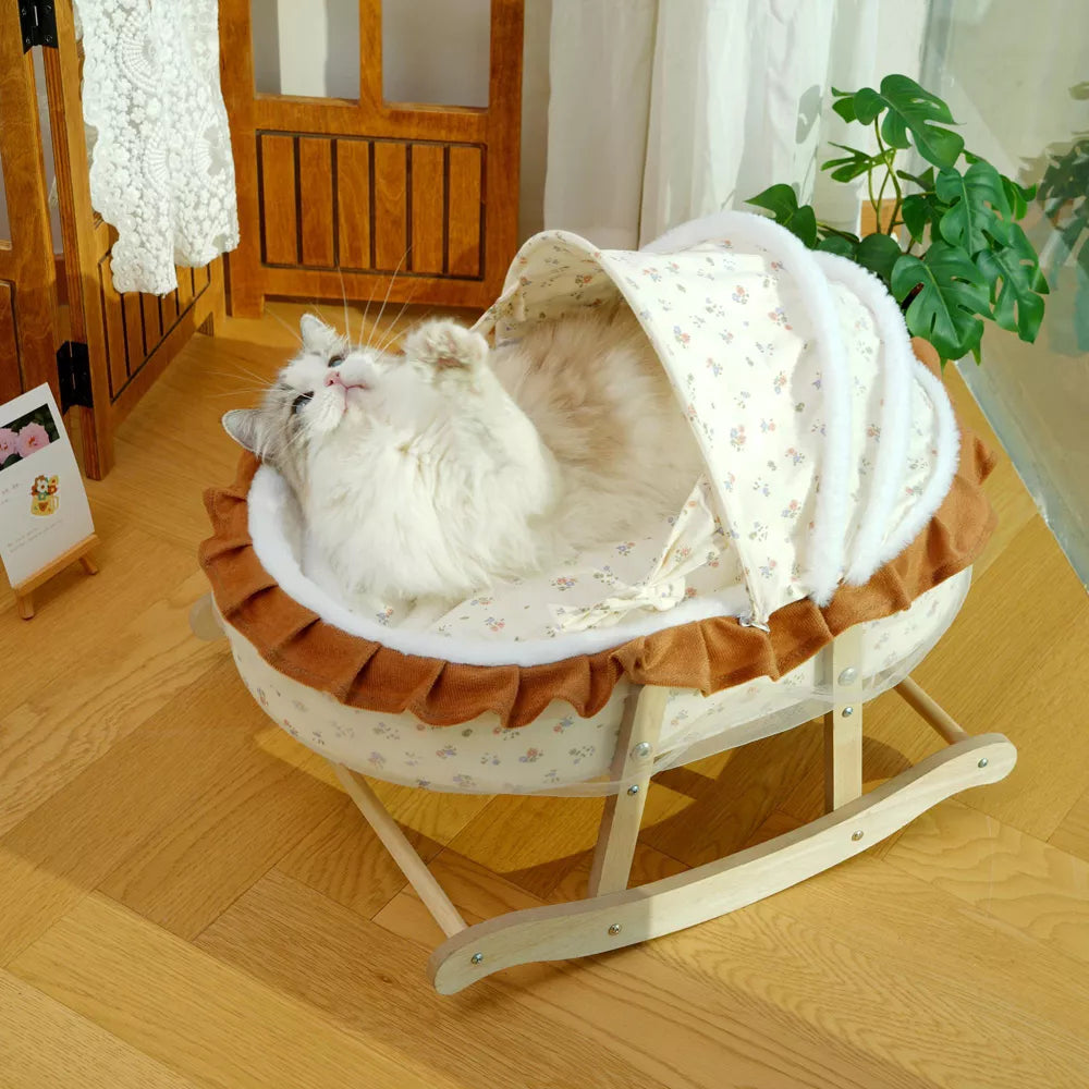 Fairela French-Style Rocking Cat Bed with Wooden Stand & Canopy