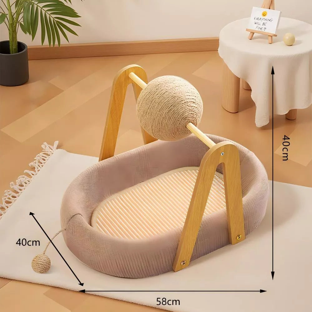 Fairela Modern Wooden Cat Lounge Bed with Hanging Sisal Ball, Beige, Large