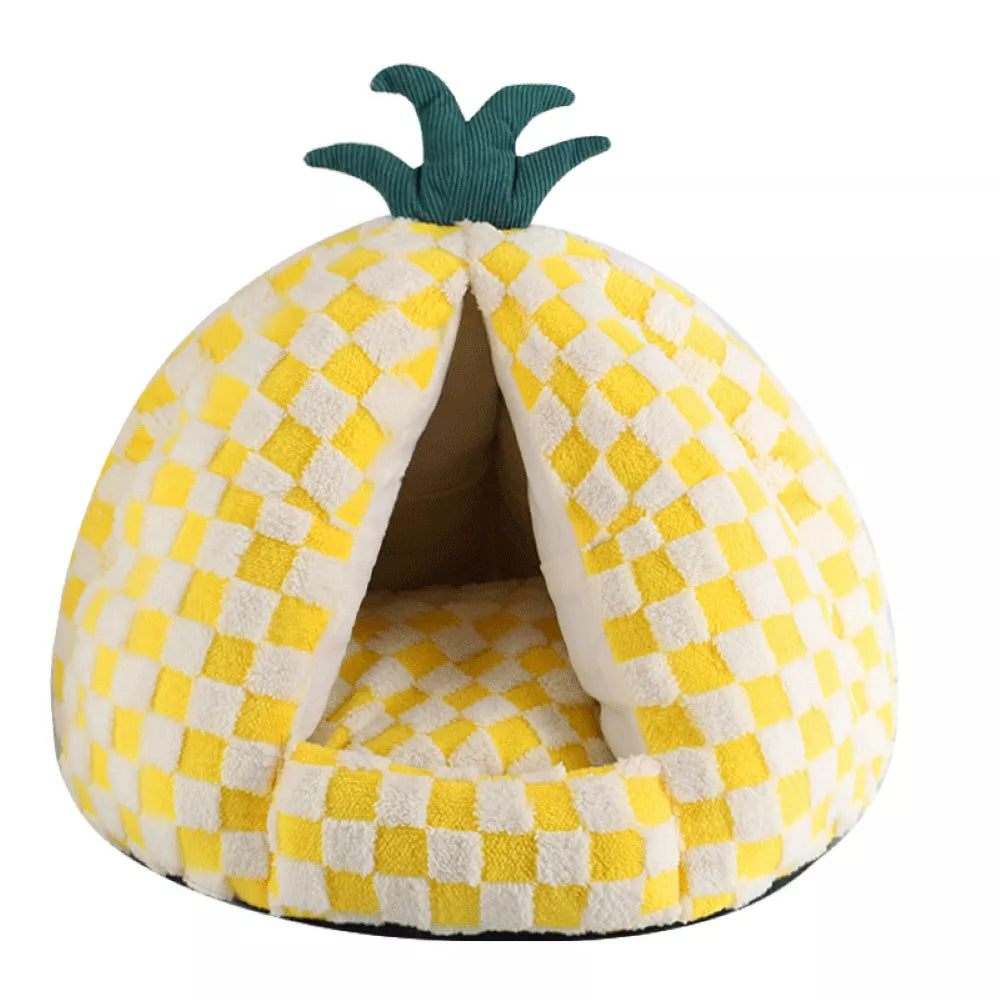 Fairela Pineapple-Shaped Covered Cat Camping Bed with Plush Cushion