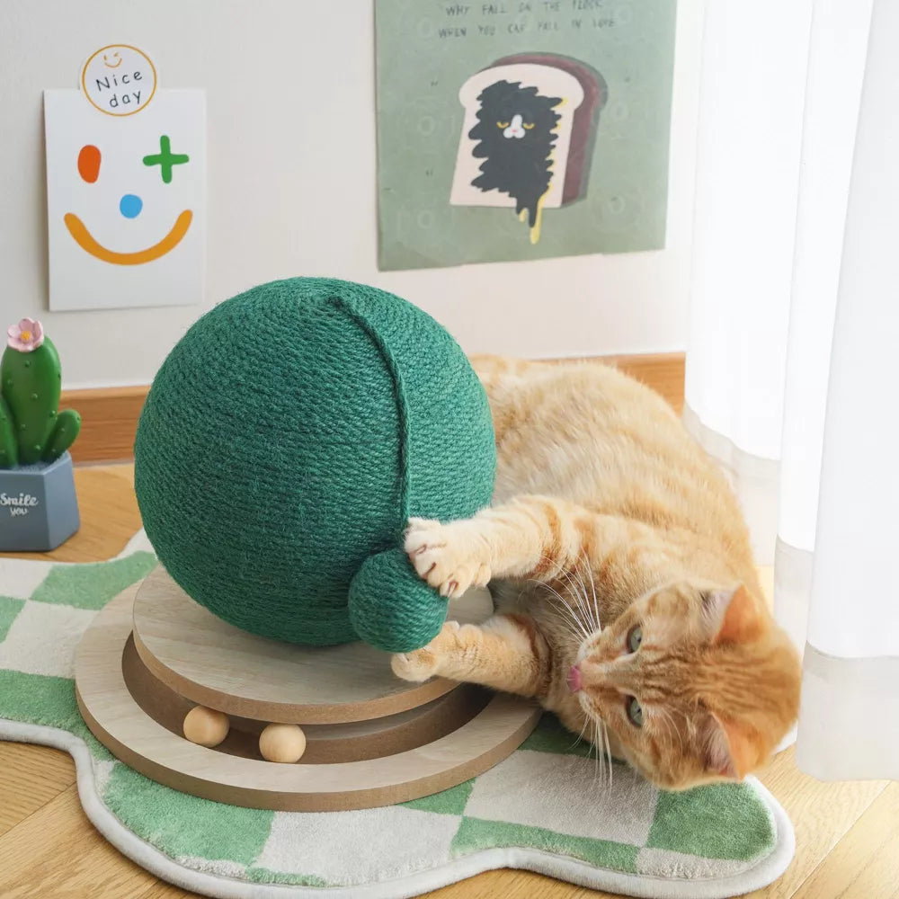 Fairela Cactus Interactive Jute Rope 9-in Hemp Cat Scratching Ball with Rolling Base