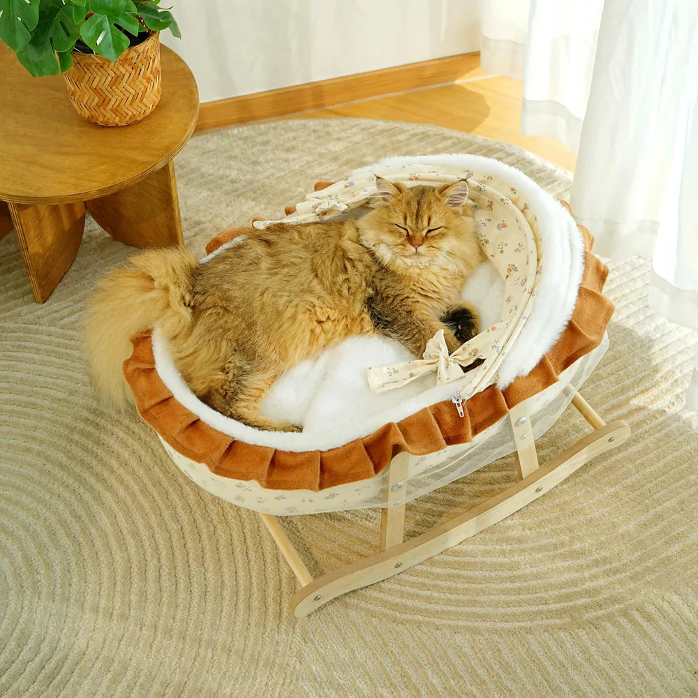 Fairela French-Style Rocking Cat Bed with Wooden Stand & Canopy
