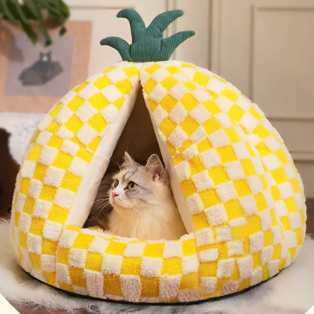 Fairela Pineapple-Shaped Covered Cat Camping Bed with Plush Cushion