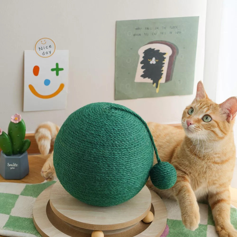 Fairela Cactus Interactive Jute Rope 9-in Hemp Cat Scratching Ball with Rolling Base