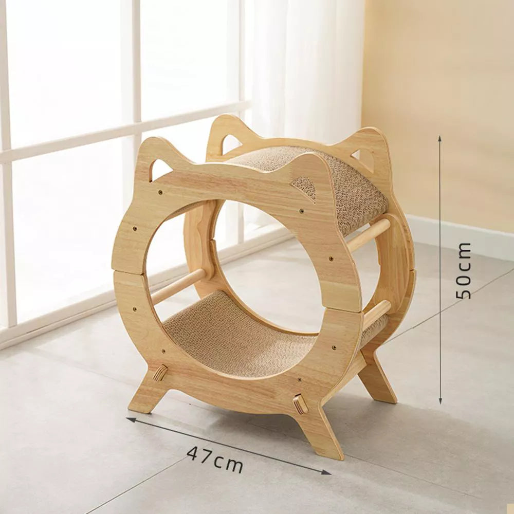 Fairela Round Wooden Cat Scratcher House with Scratch Pads