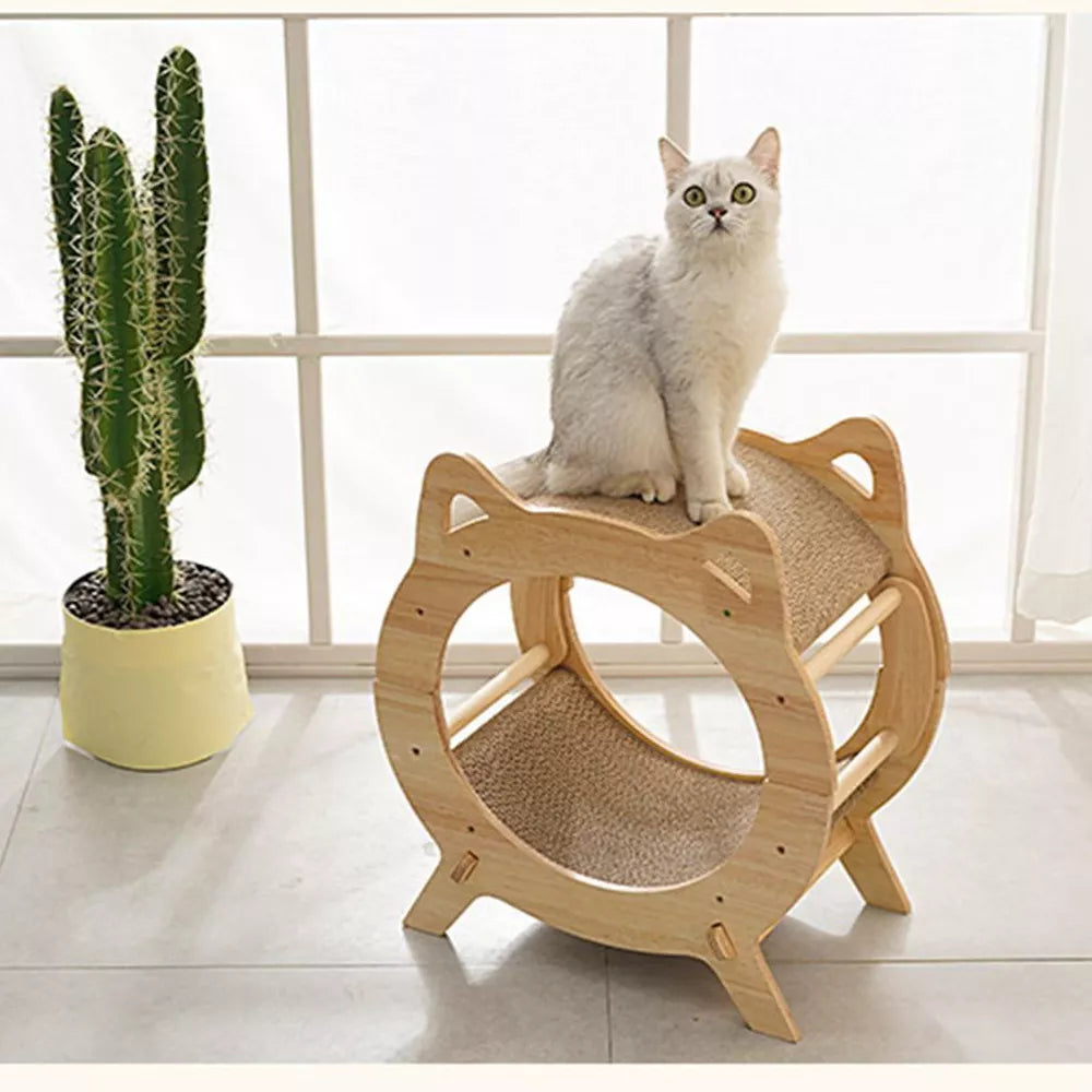 Fairela Round Wooden Cat Scratcher House with Scratch Pads
