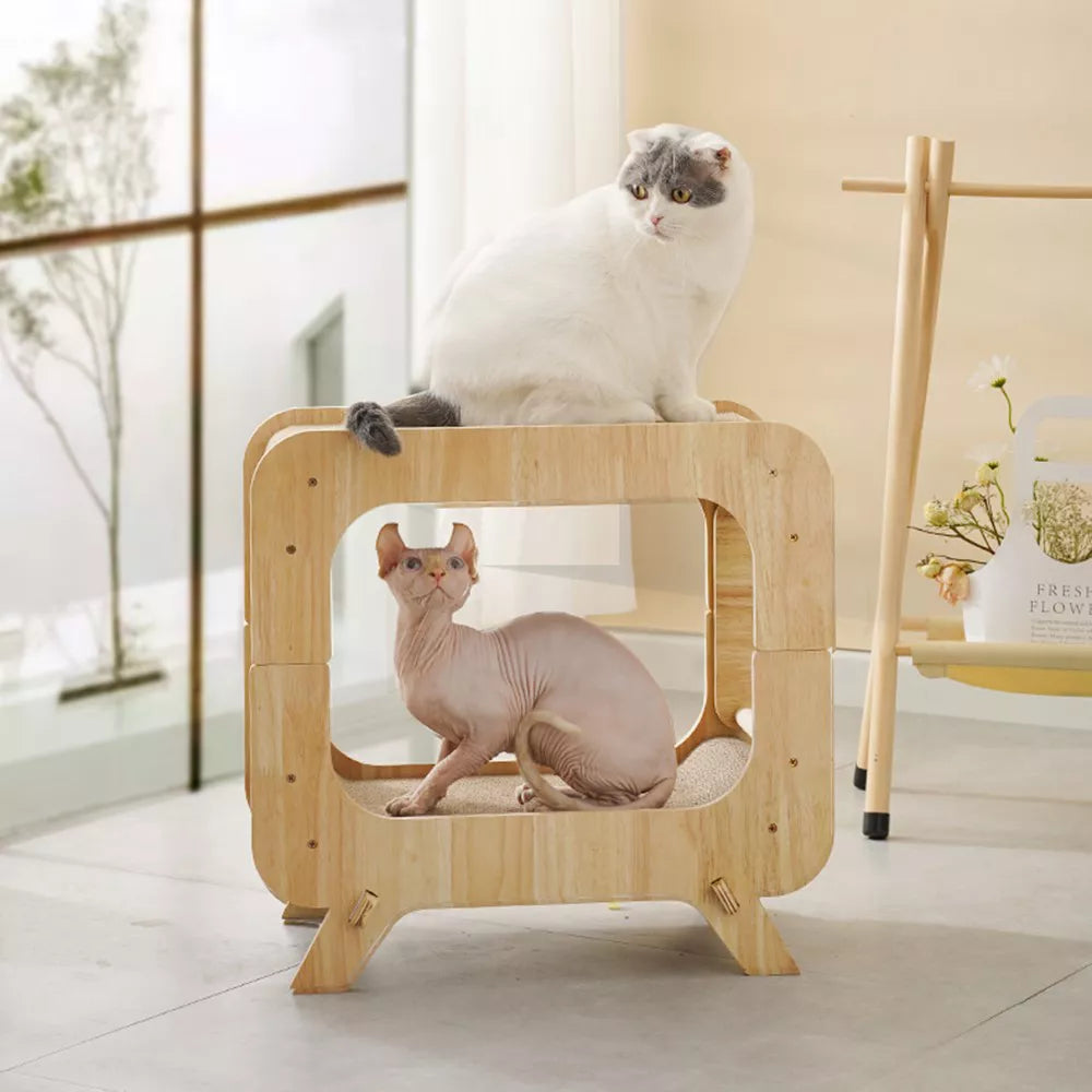 Fairela Wooden Cat Scratcher House with Dual Scratch Pads