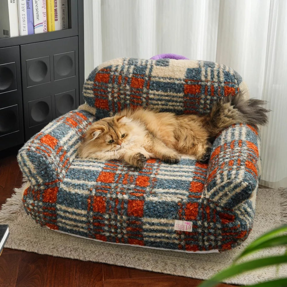 Fairela Retro Cozy Plush Couch Machine Washable Sofa Cat Bed
