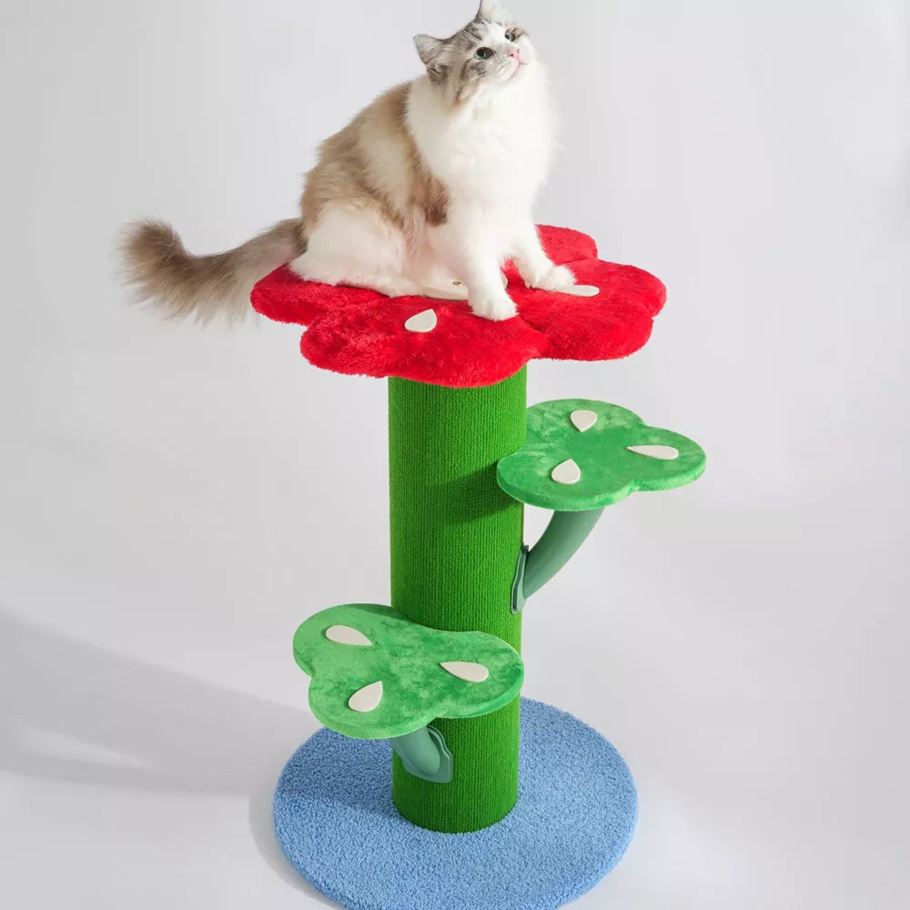 Fairela Flower-Shaped 30-in Fleece Cat Scratching Post with Multi-Level Perches, Red/Green/Blue