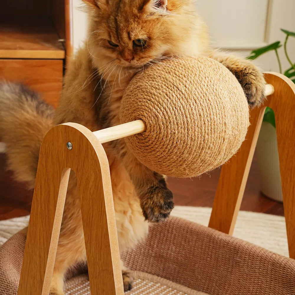 Fairela Modern Wooden Cat Lounge Bed with Hanging Sisal Ball, Beige, Large